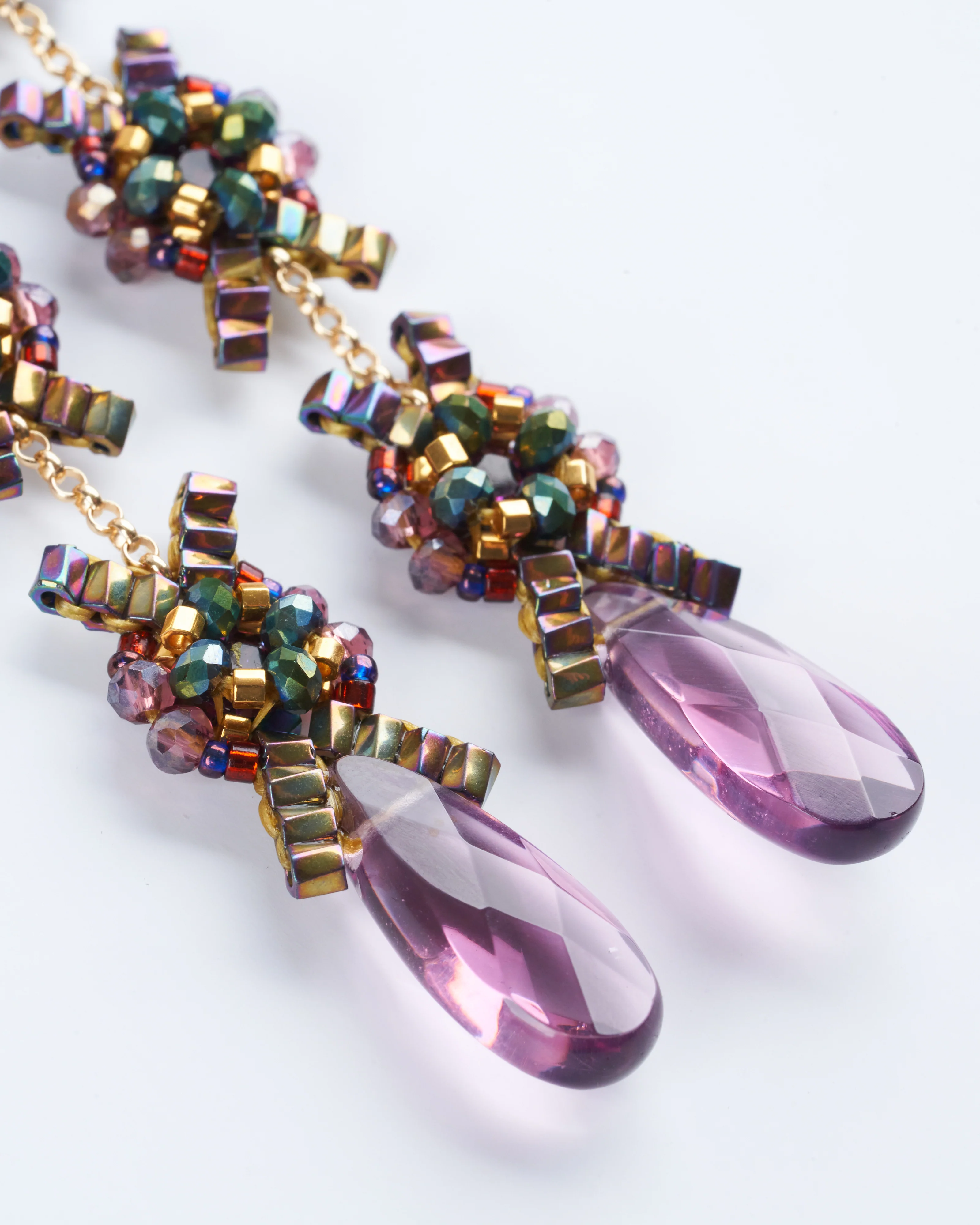 purple quartz, swarovski, miyuki earrings - green/ purple - Image 2