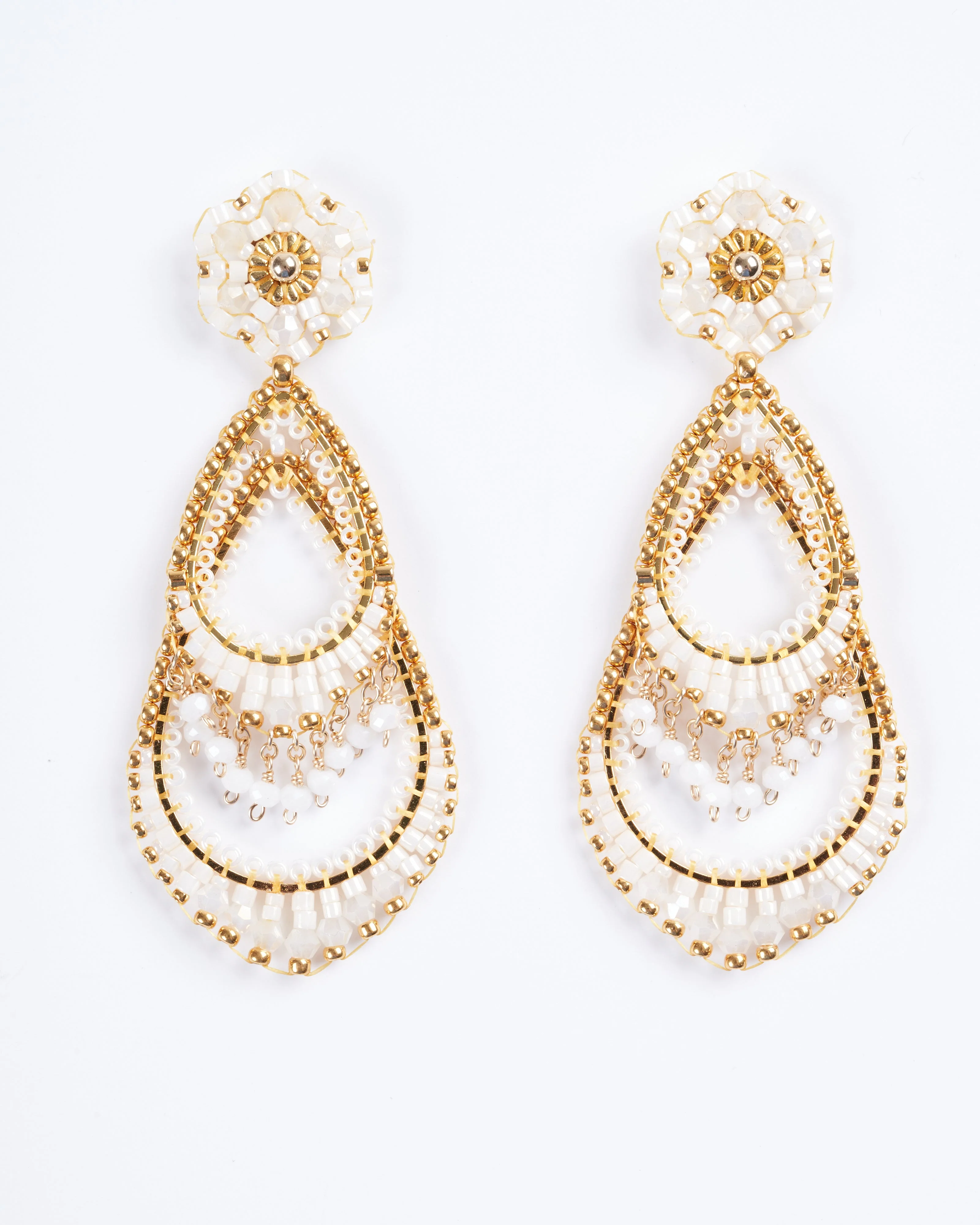 double tear drop on post in white and gold - white