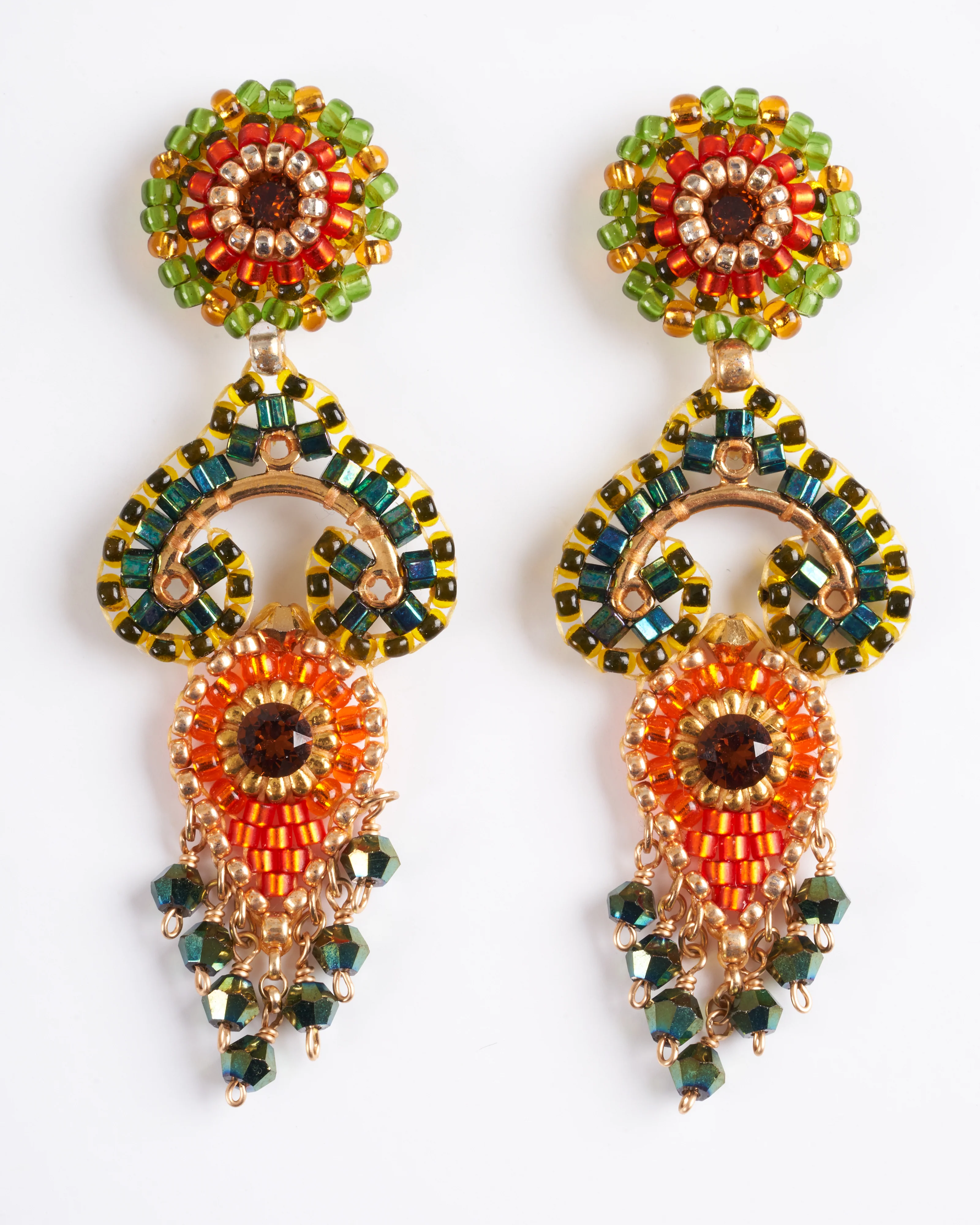 2" swarovski/ miyuki post earrings - green/orange - Image 2