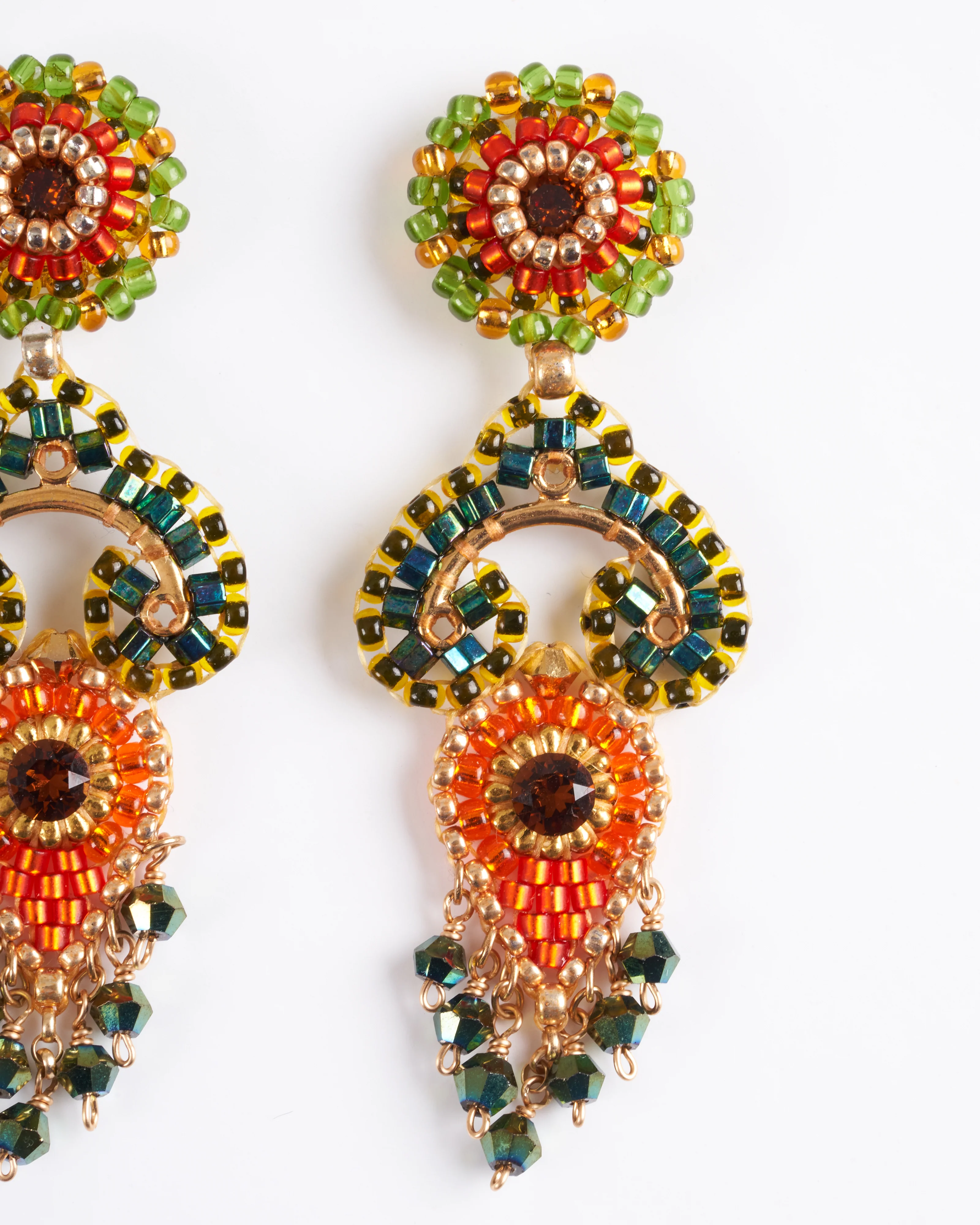 2" swarovski/ miyuki post earrings - green/orange - Image 3
