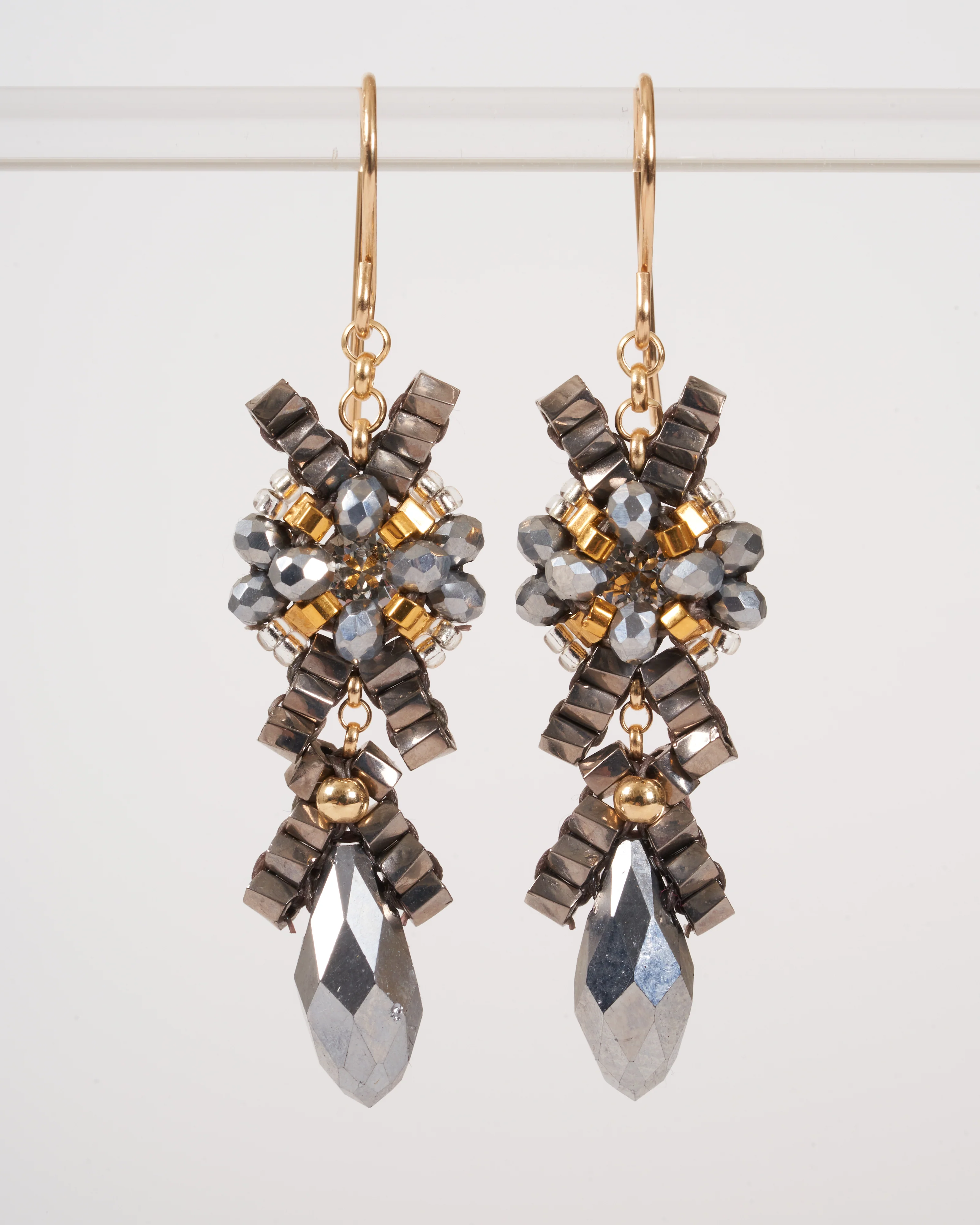 2" swarovski/pyrite/miyuki earrings - grey/gold - Image 2