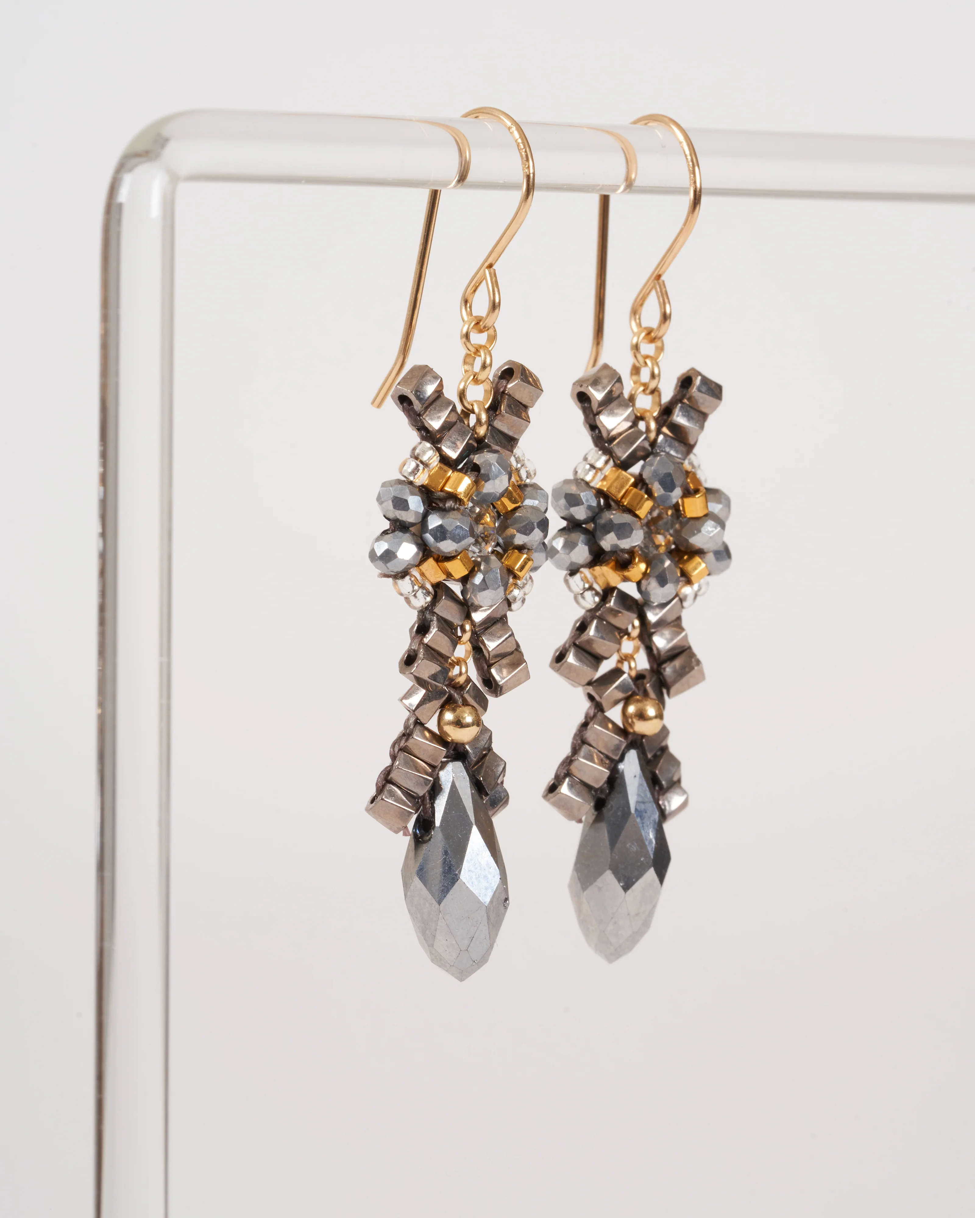 2" swarovski/pyrite/miyuki earrings - grey/gold - Image 3