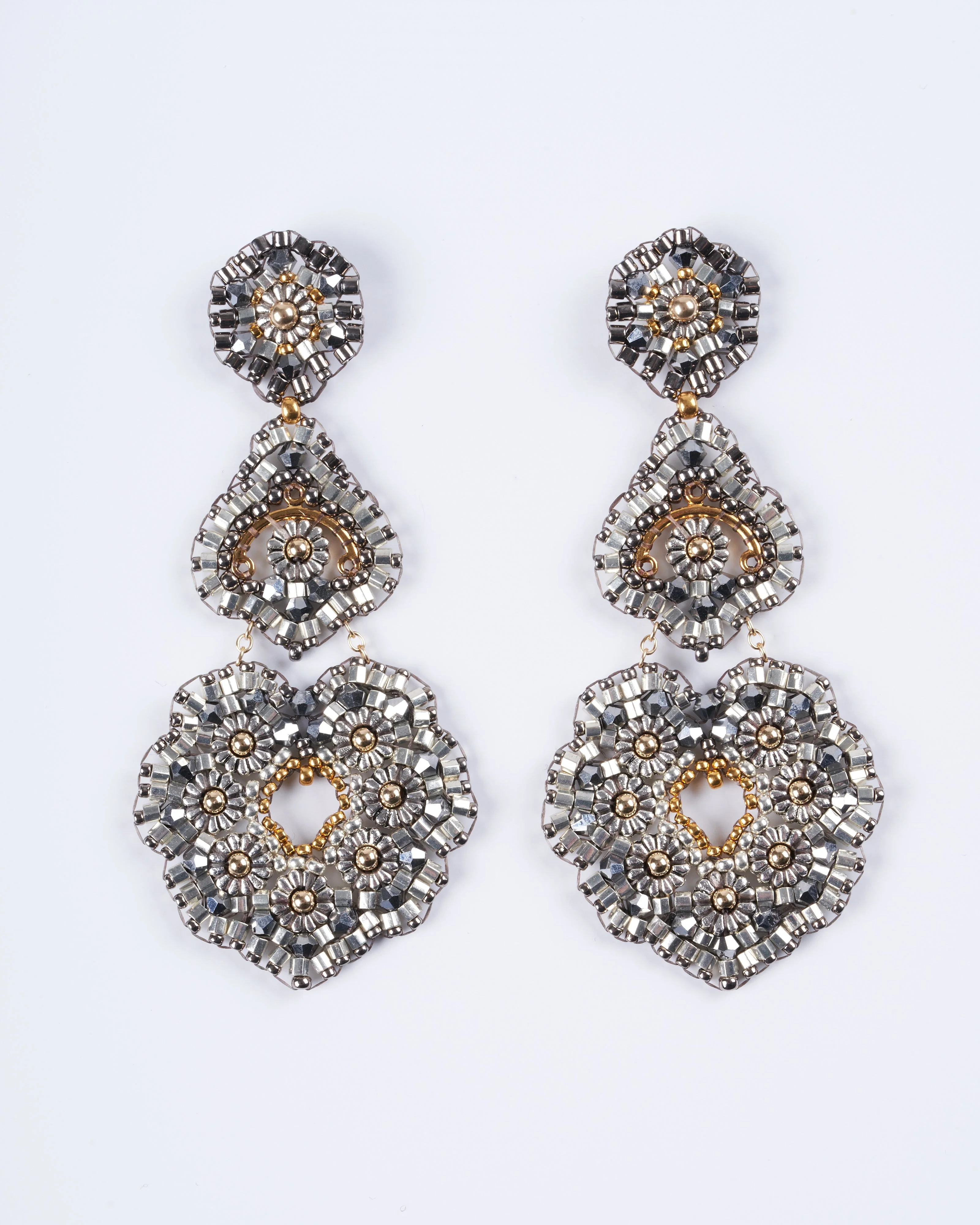 silver and gold tri-drop heart shape