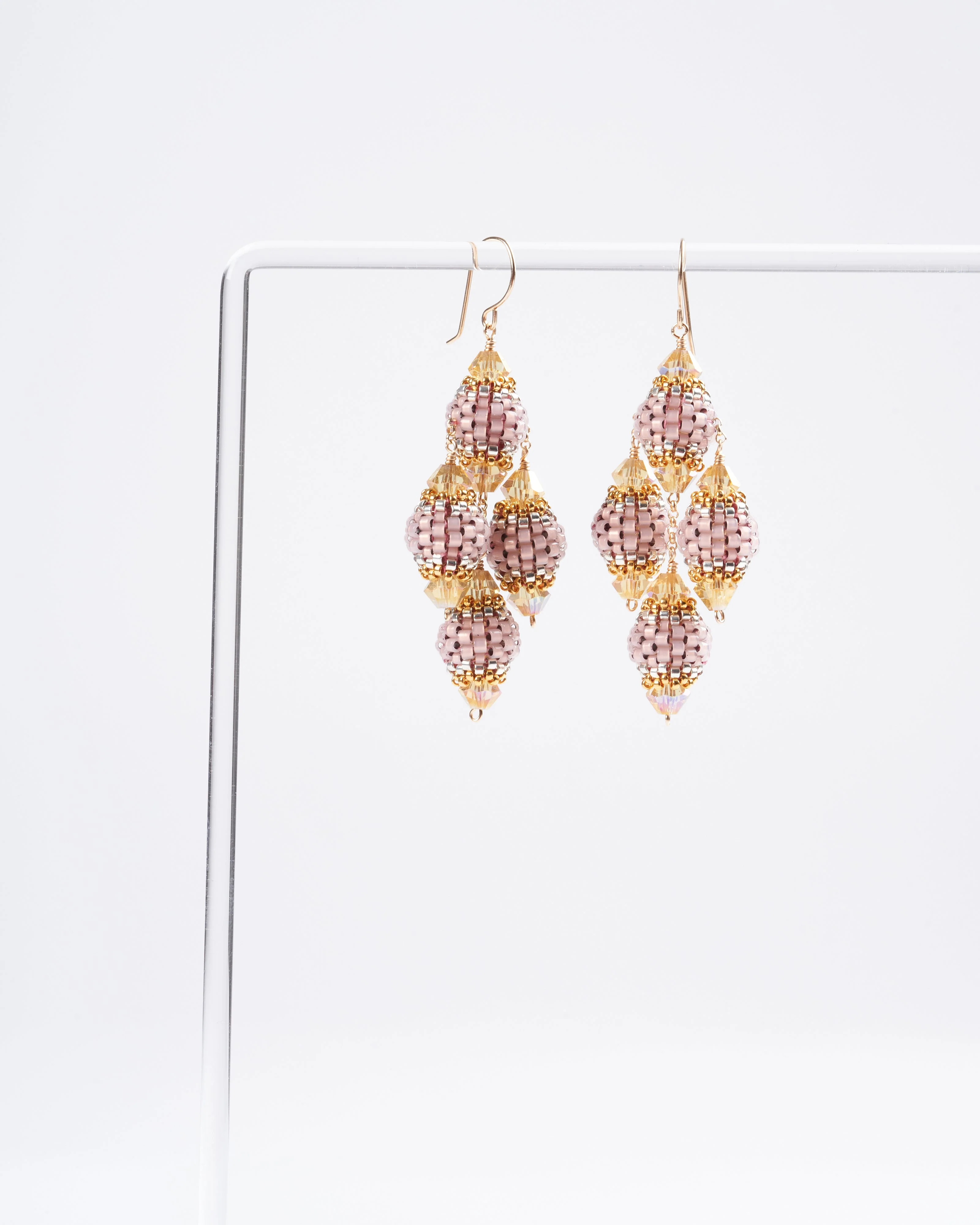 gold wire earrings with four cone drops - gold and purple - Image 2