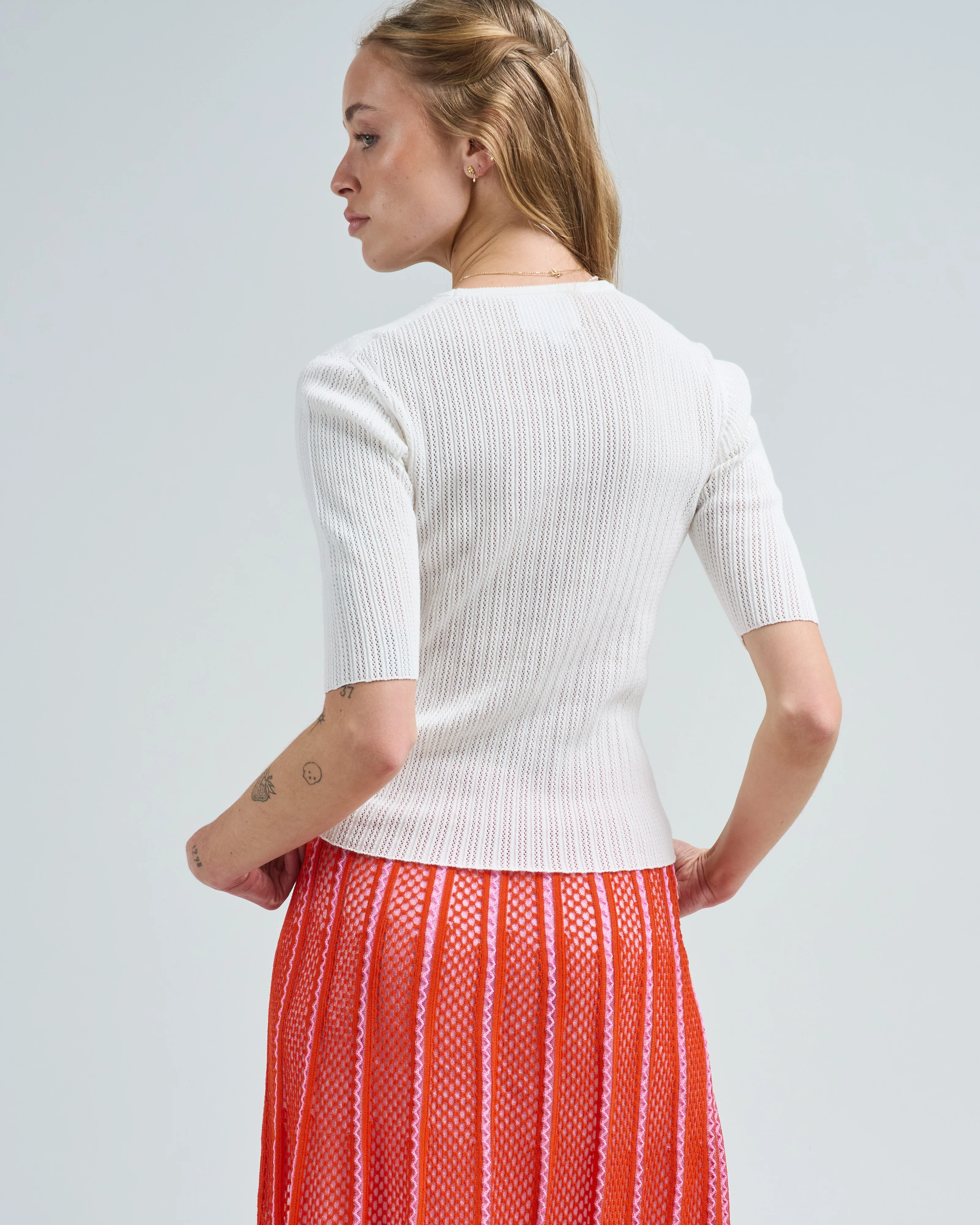 crew neck light laced elbow lenght knit top - Image 5