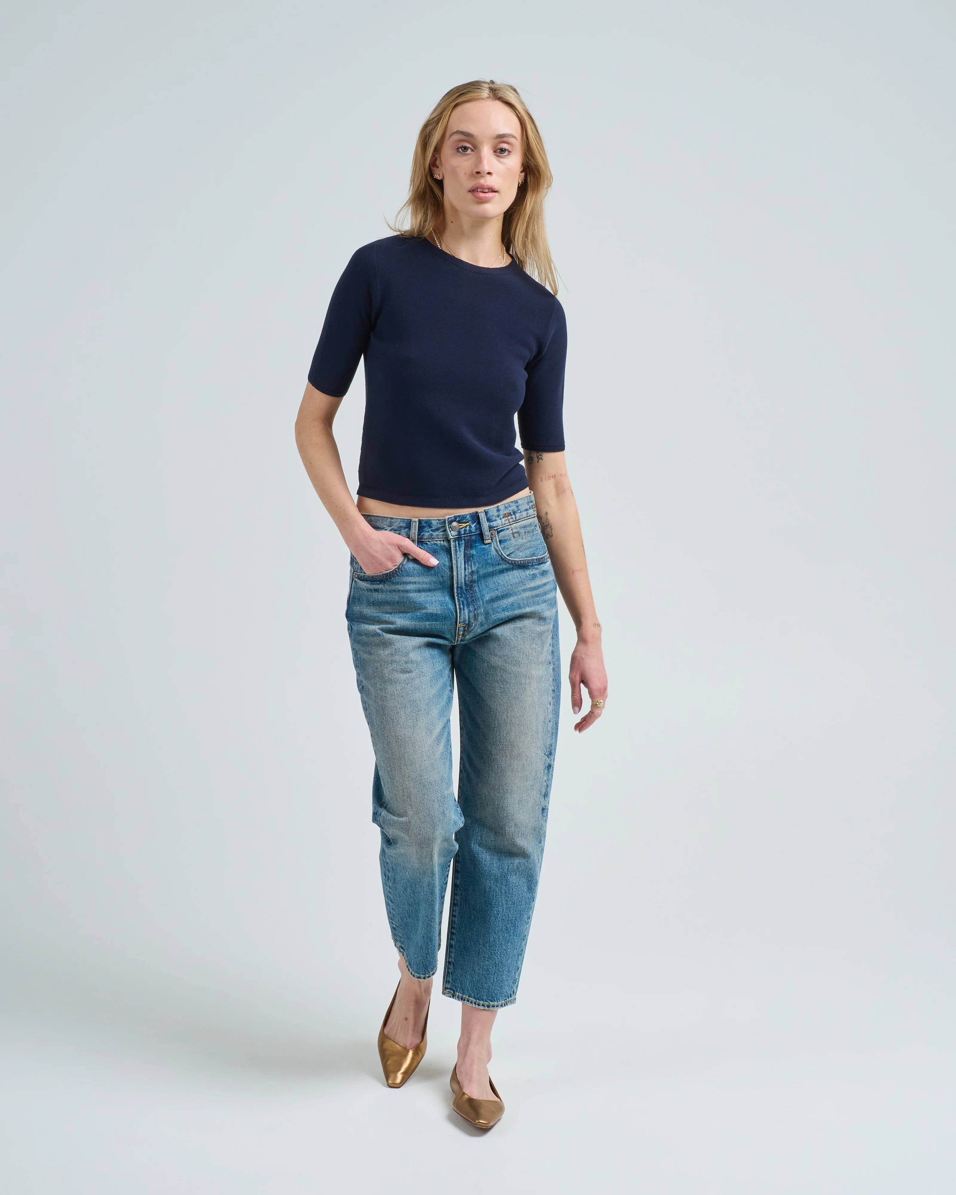 elbow length crew neck fine knit top in cotton - Image 2