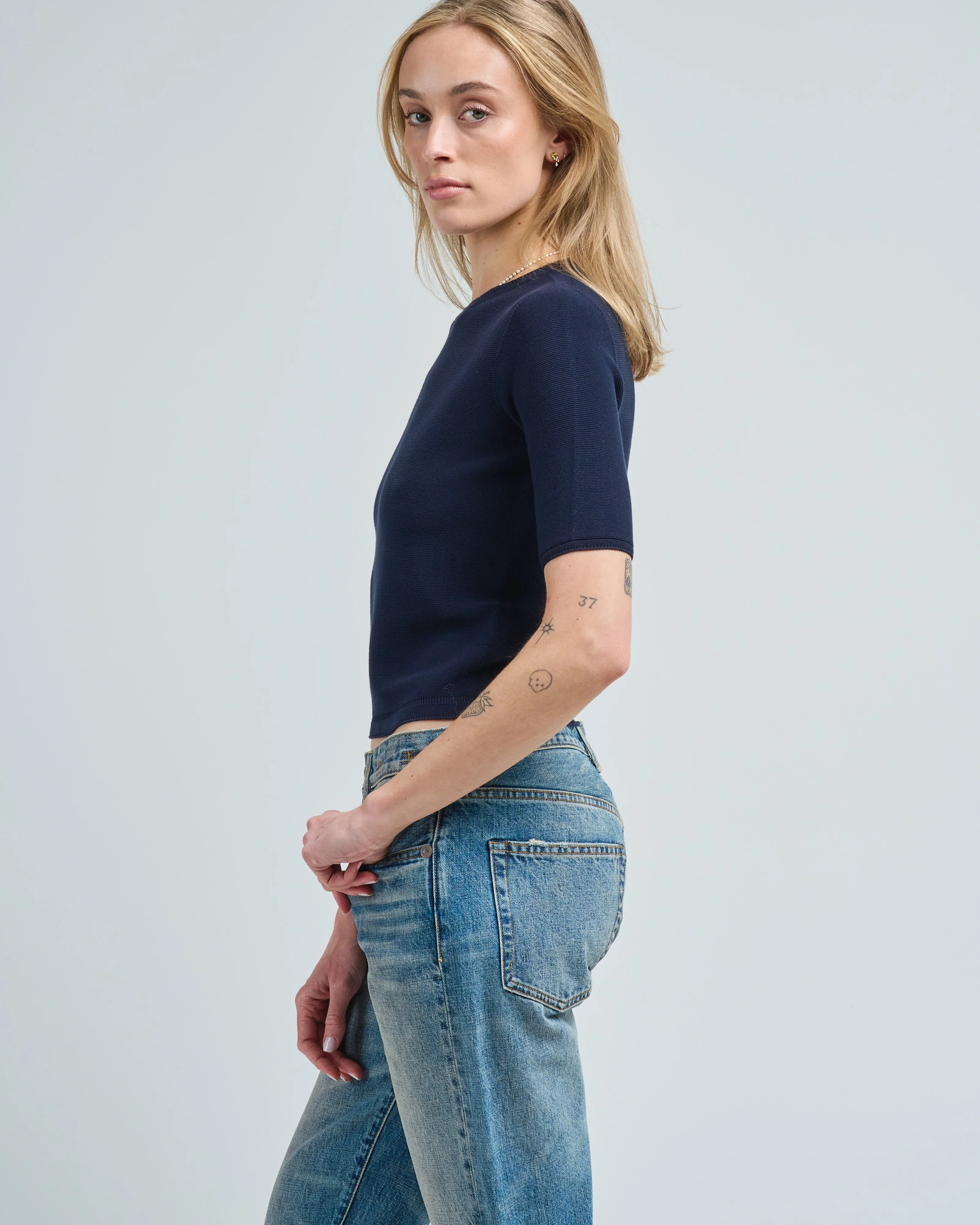 elbow length crew neck fine knit top in cotton - Image 3