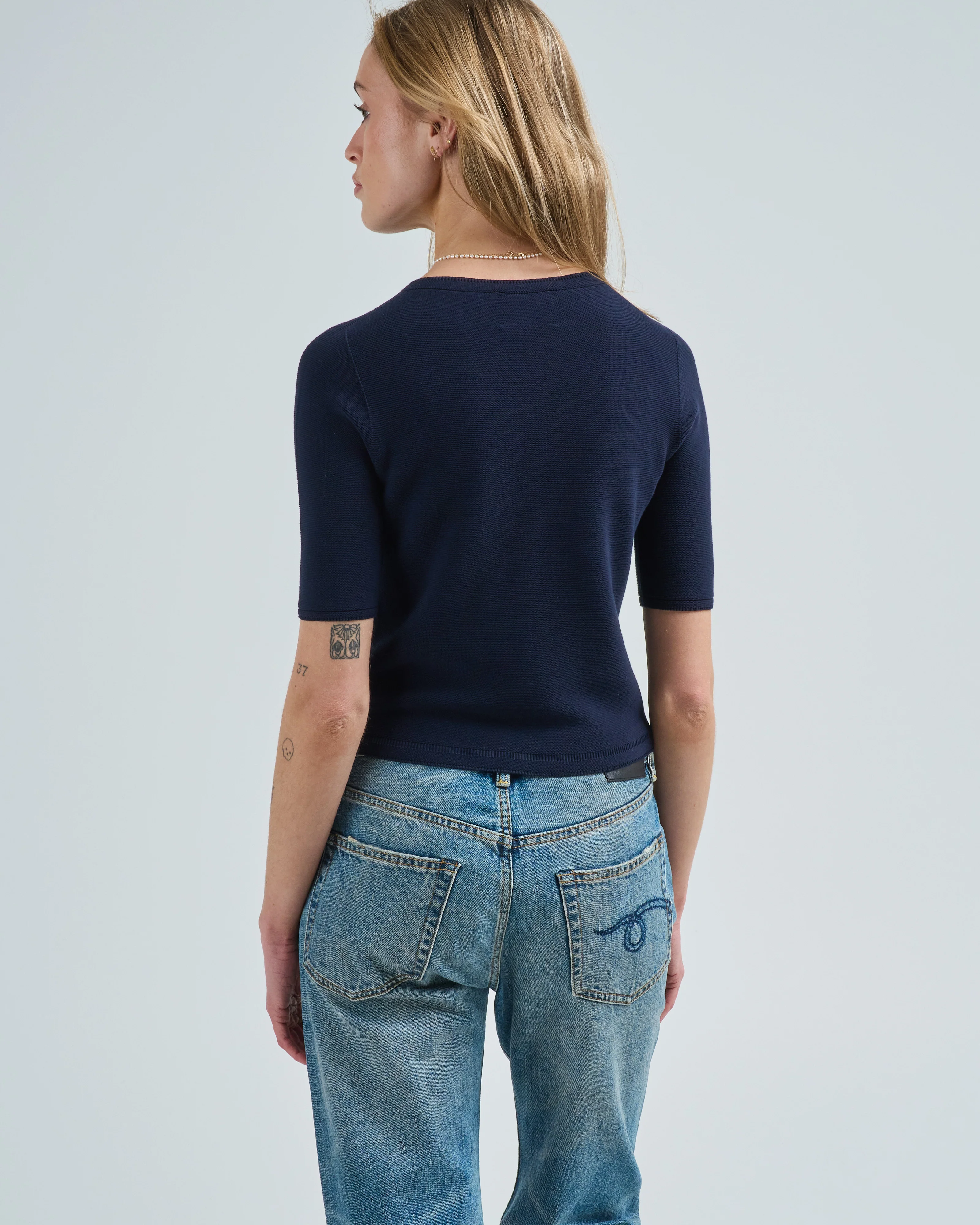 elbow length crew neck fine knit top in cotton - Image 4