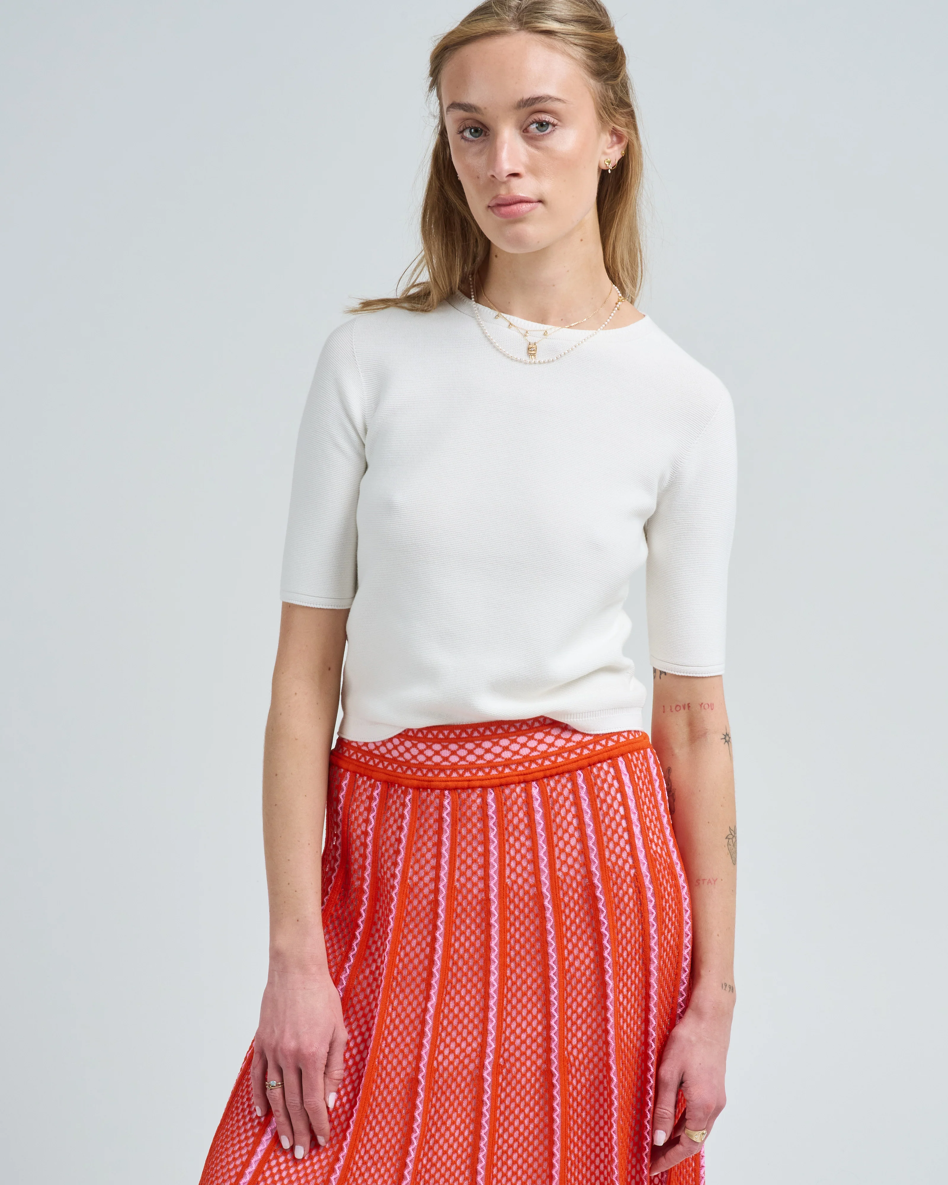 elbow length crew neck fine knit top in cotton