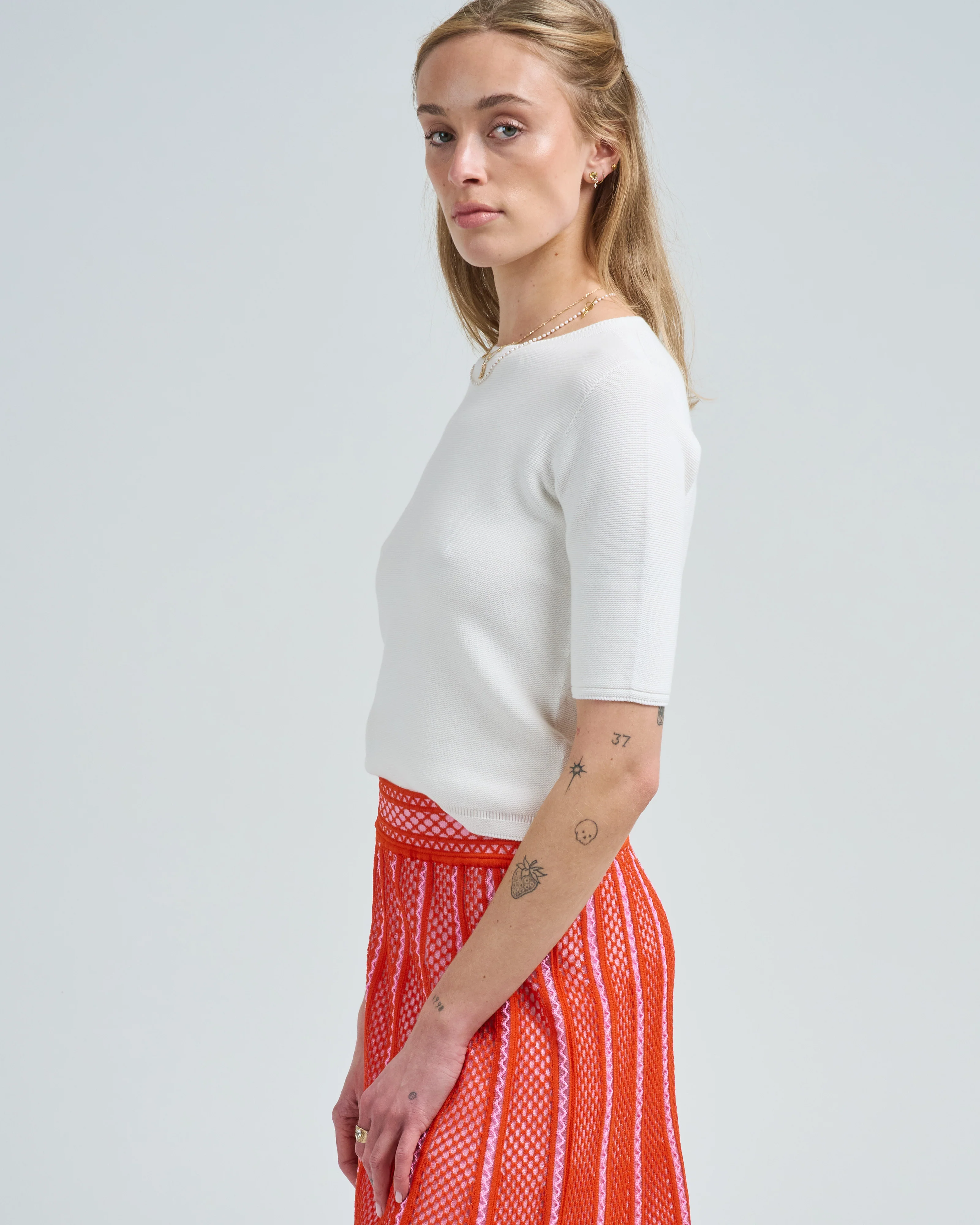 elbow length crew neck fine knit top in cotton - Image 2