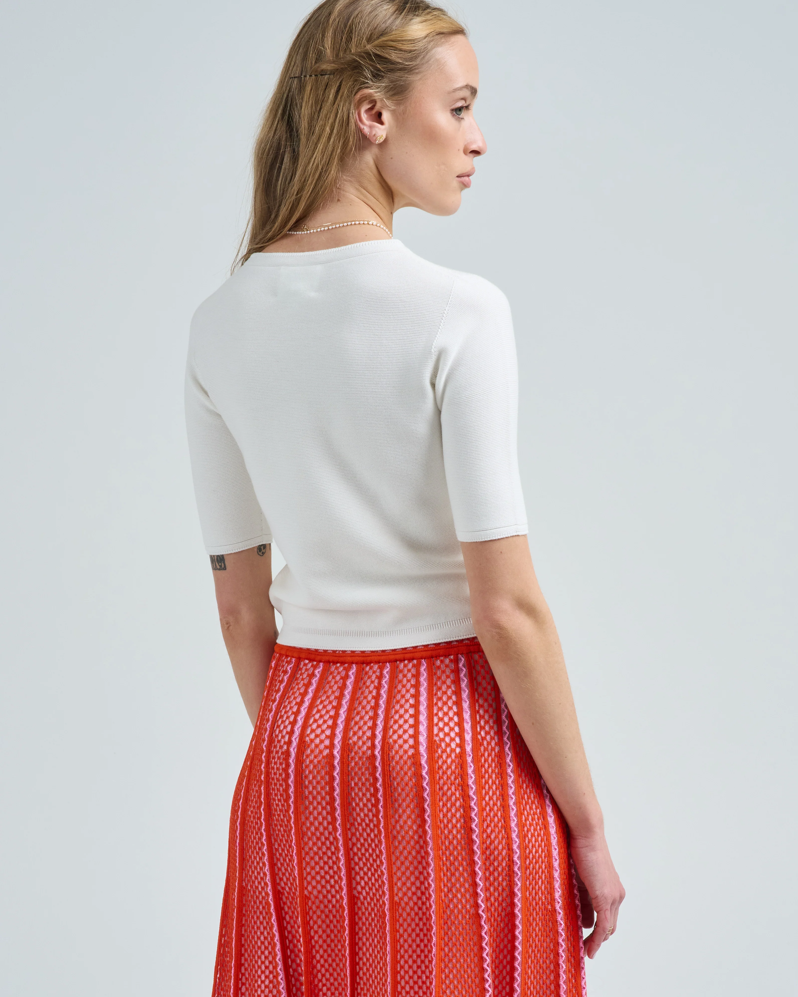 elbow length crew neck fine knit top in cotton - Image 3