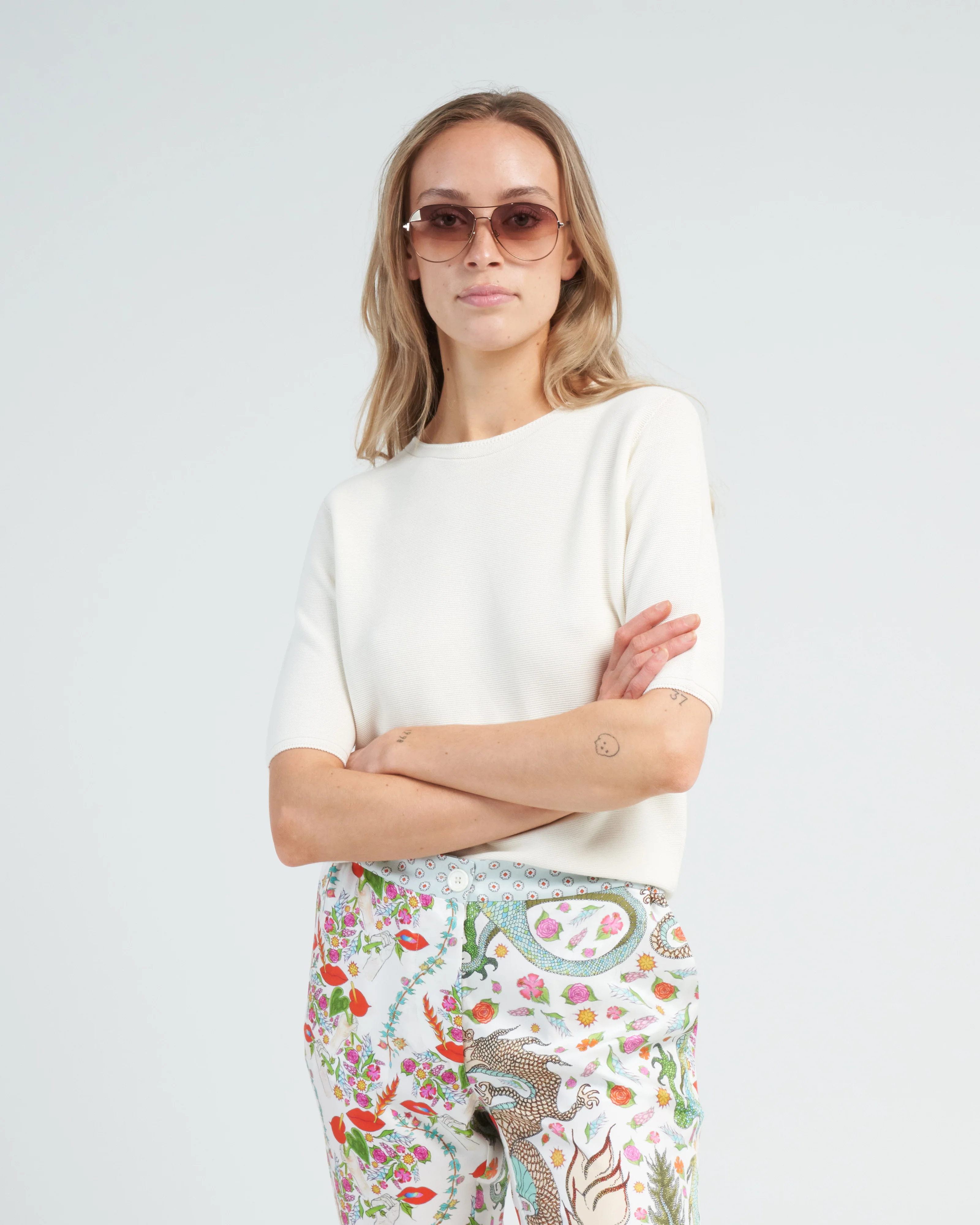 fine cotton top with elbow length sleeves - milk