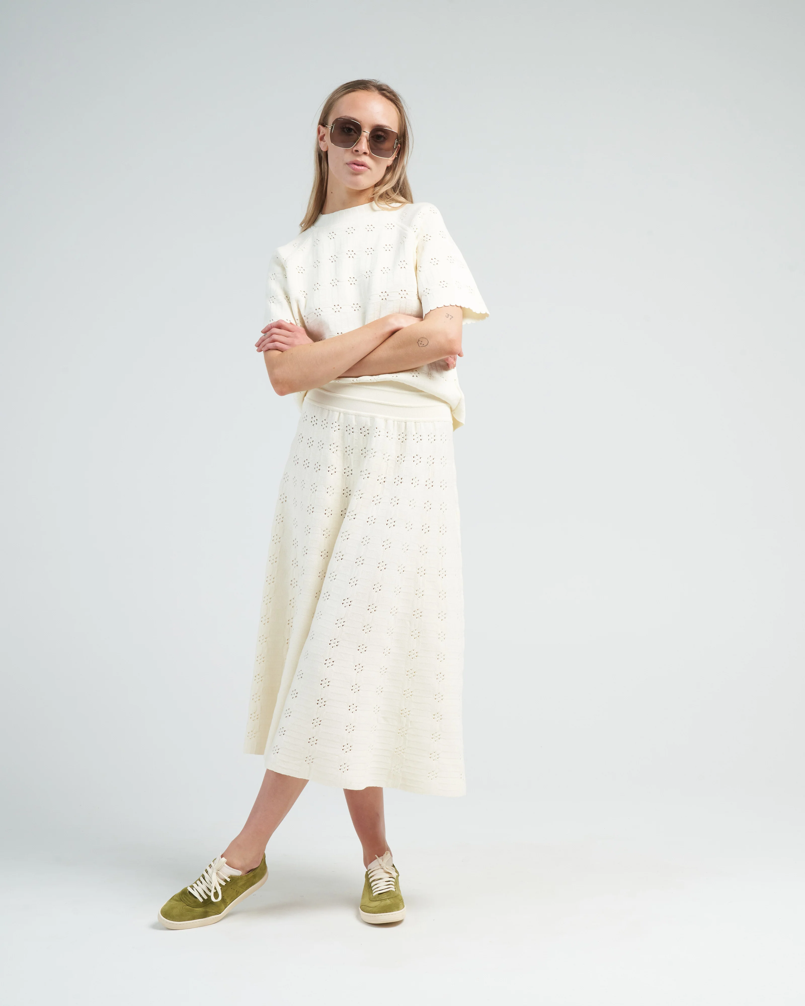 floral open work knit skirt - natural - Image 2