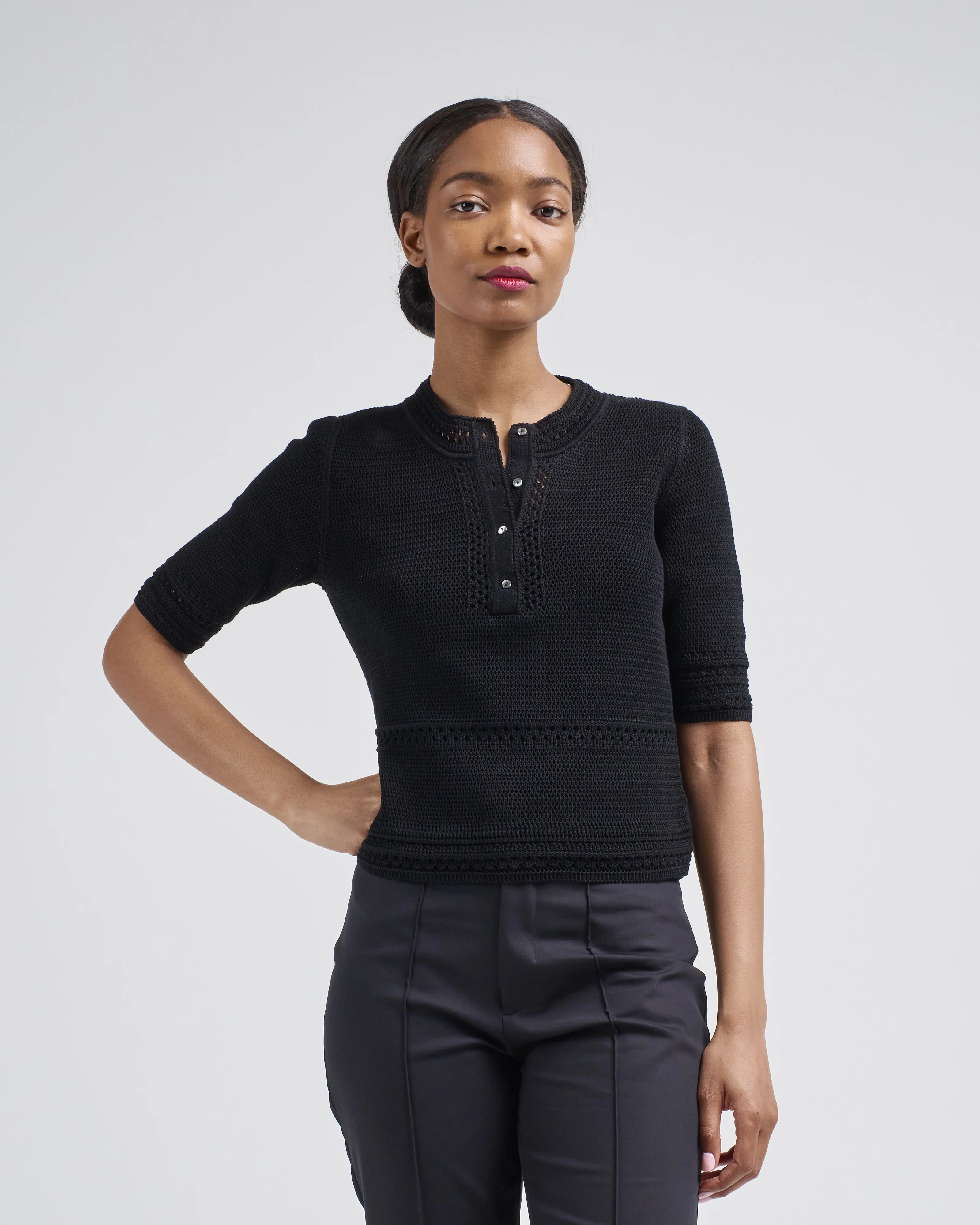macrame stitch elbow knit top
