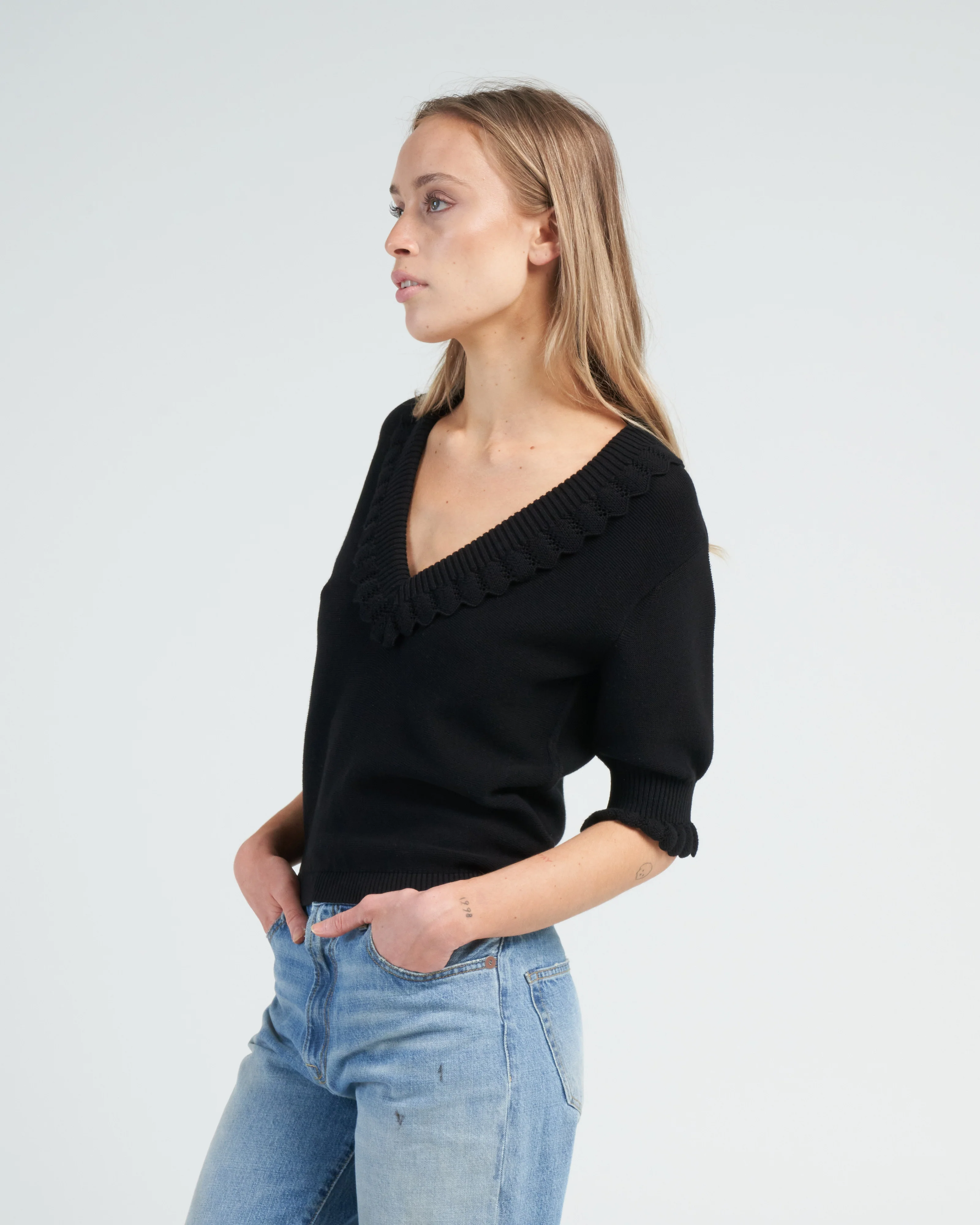 romantic v neck elbow length sleeves top - deep black - Image 3