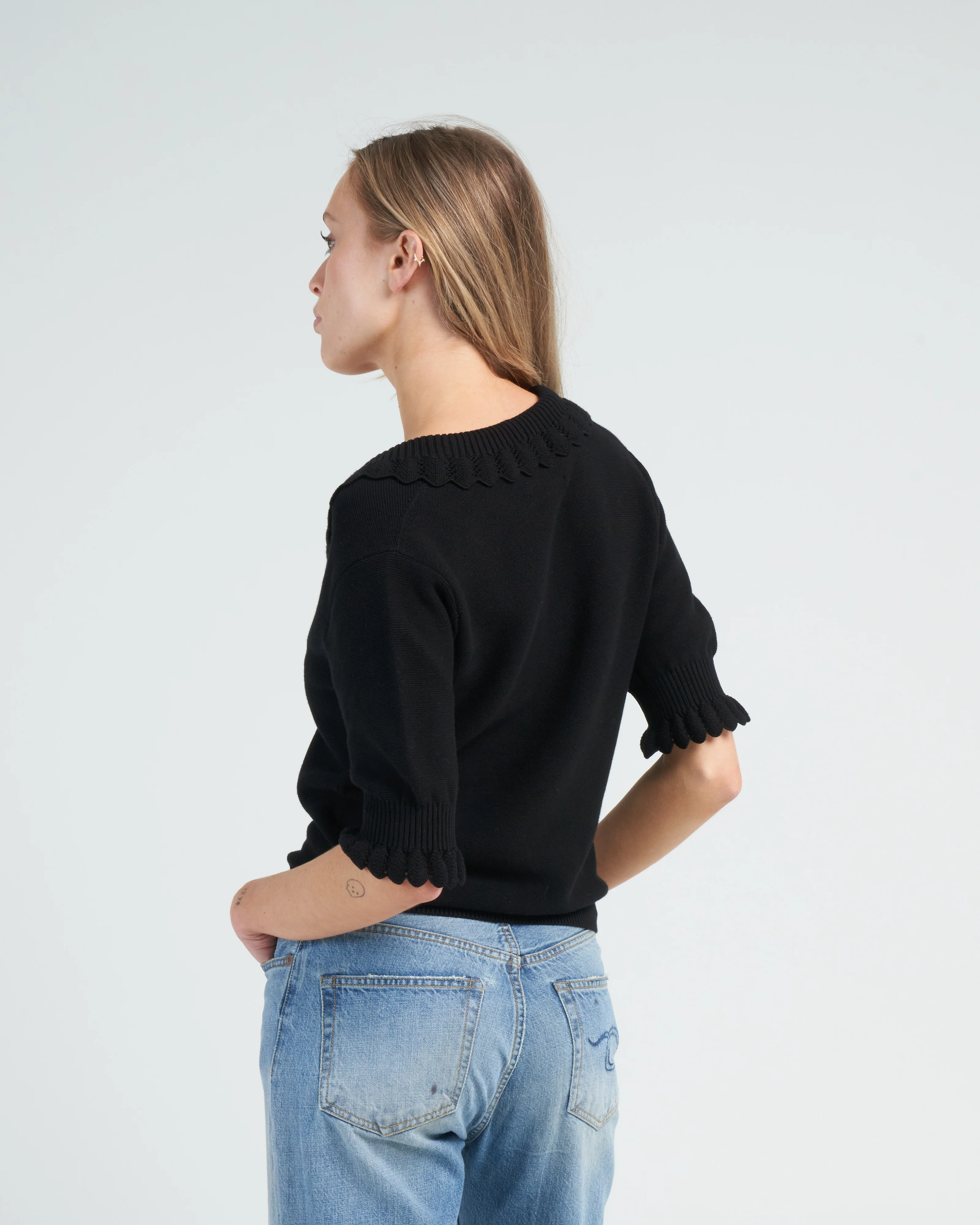 romantic v neck elbow length sleeves top - deep black - Image 4