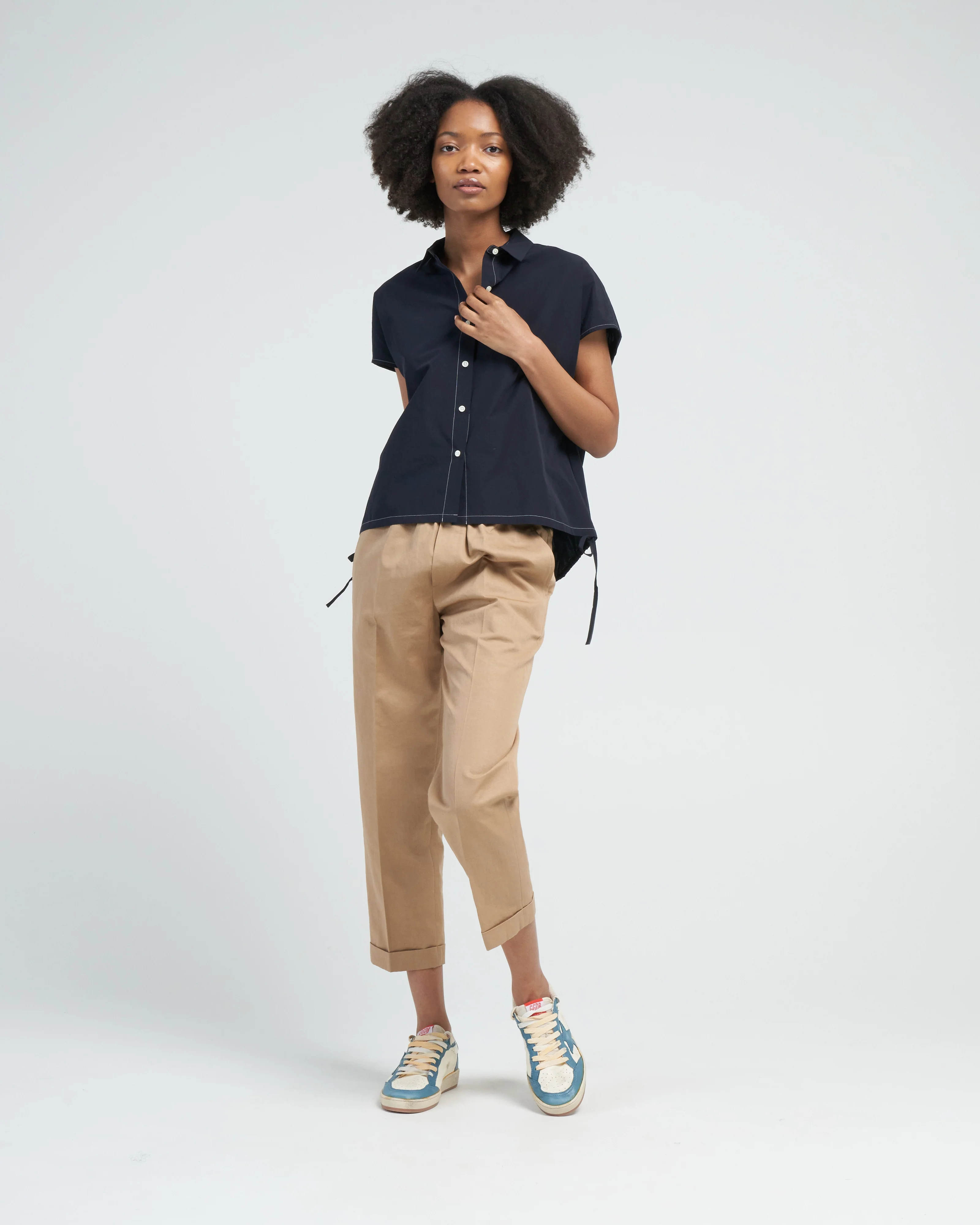 short sleeve drawstring top - navy - Image 2