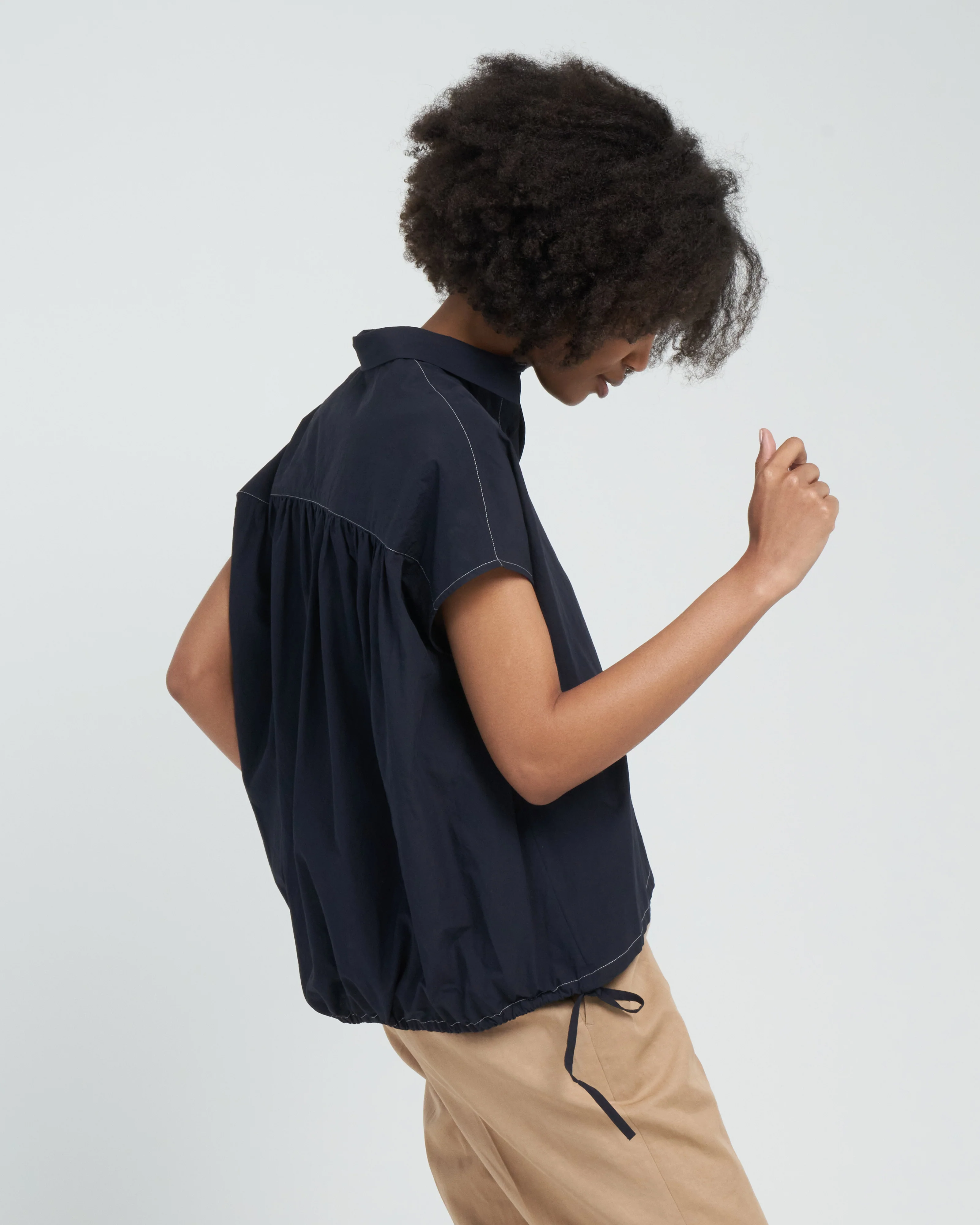 short sleeve drawstring top - navy - Image 3
