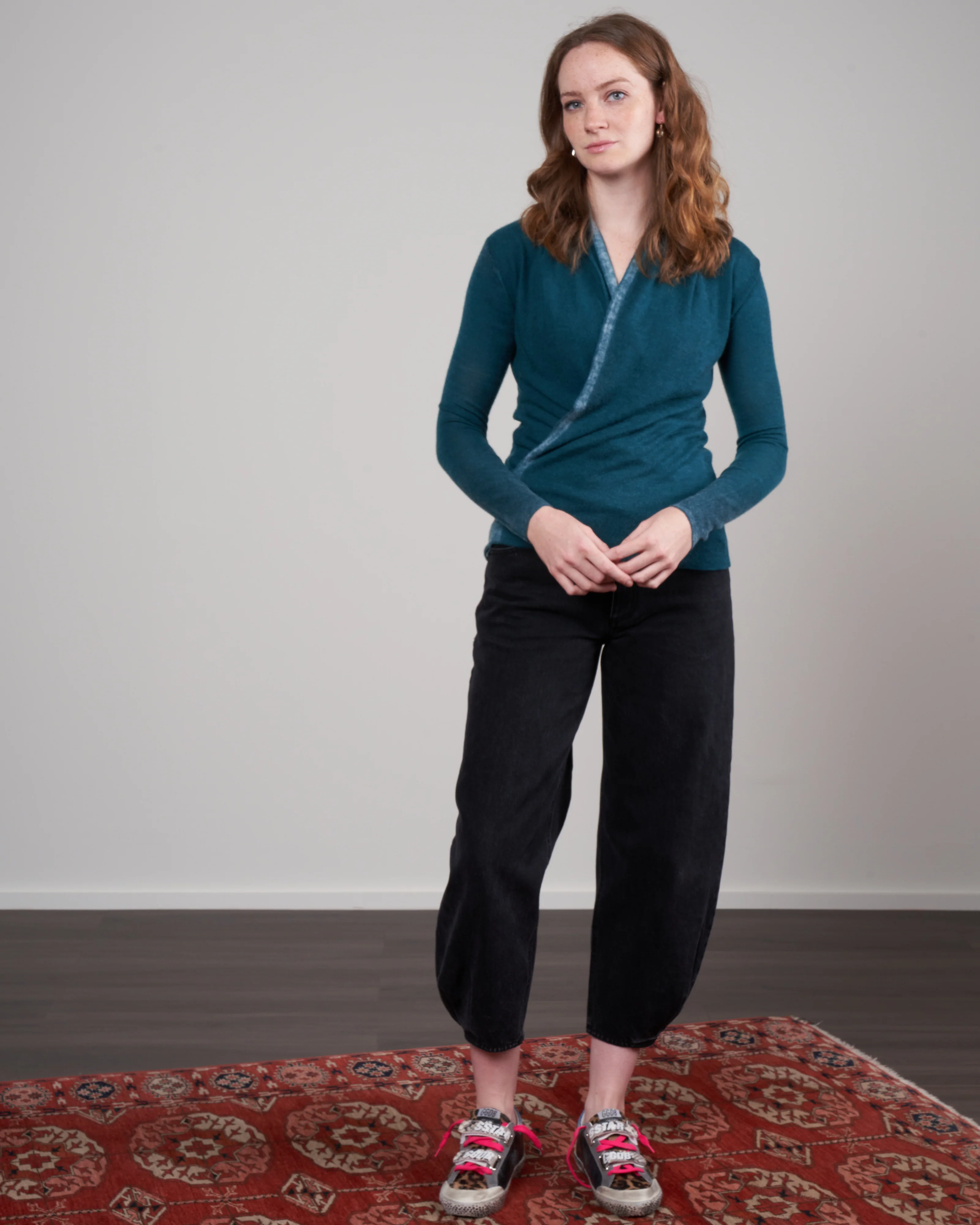 printed worsted cashmere wrap top - teal - Image 2