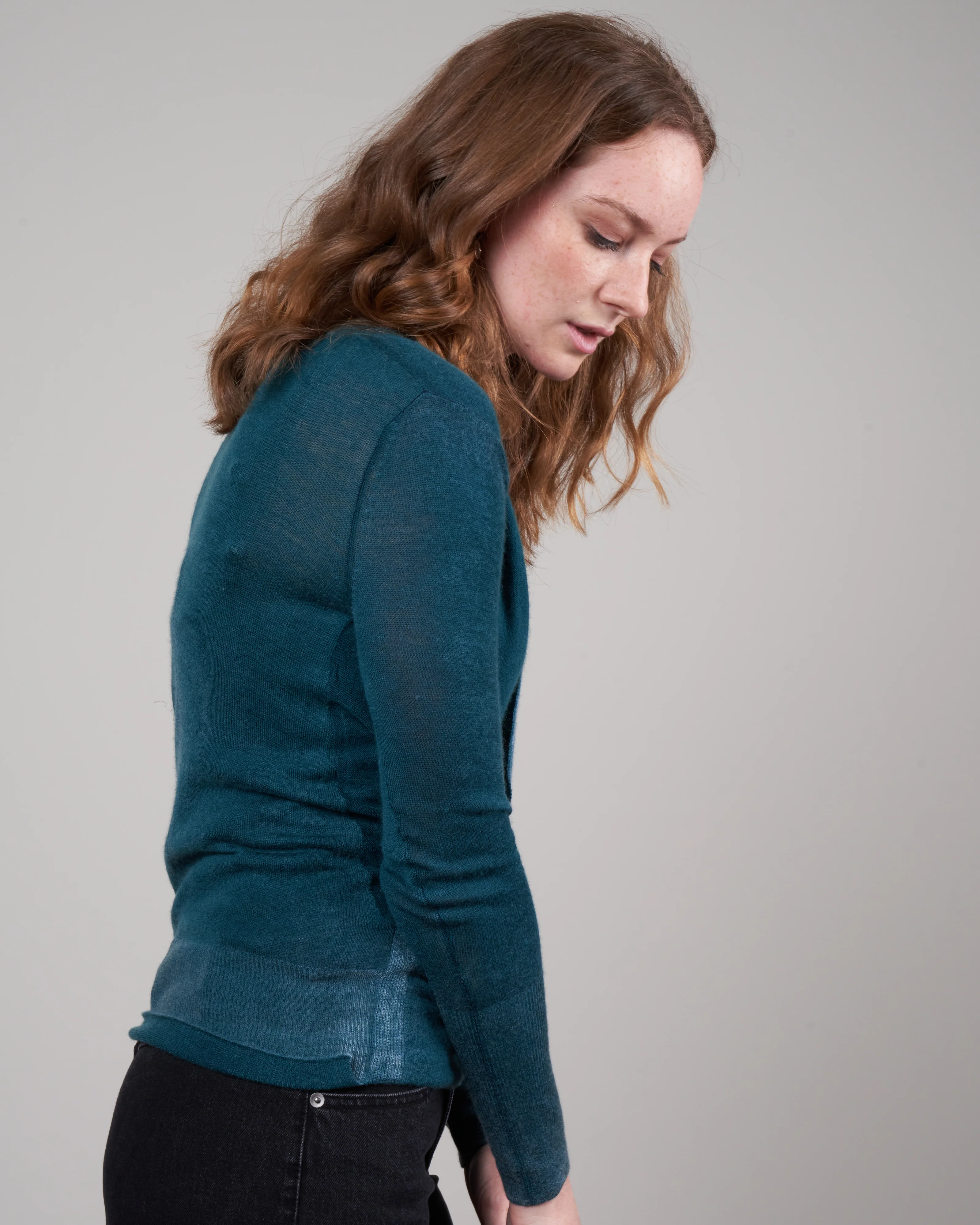 printed worsted cashmere wrap top - teal - Image 3