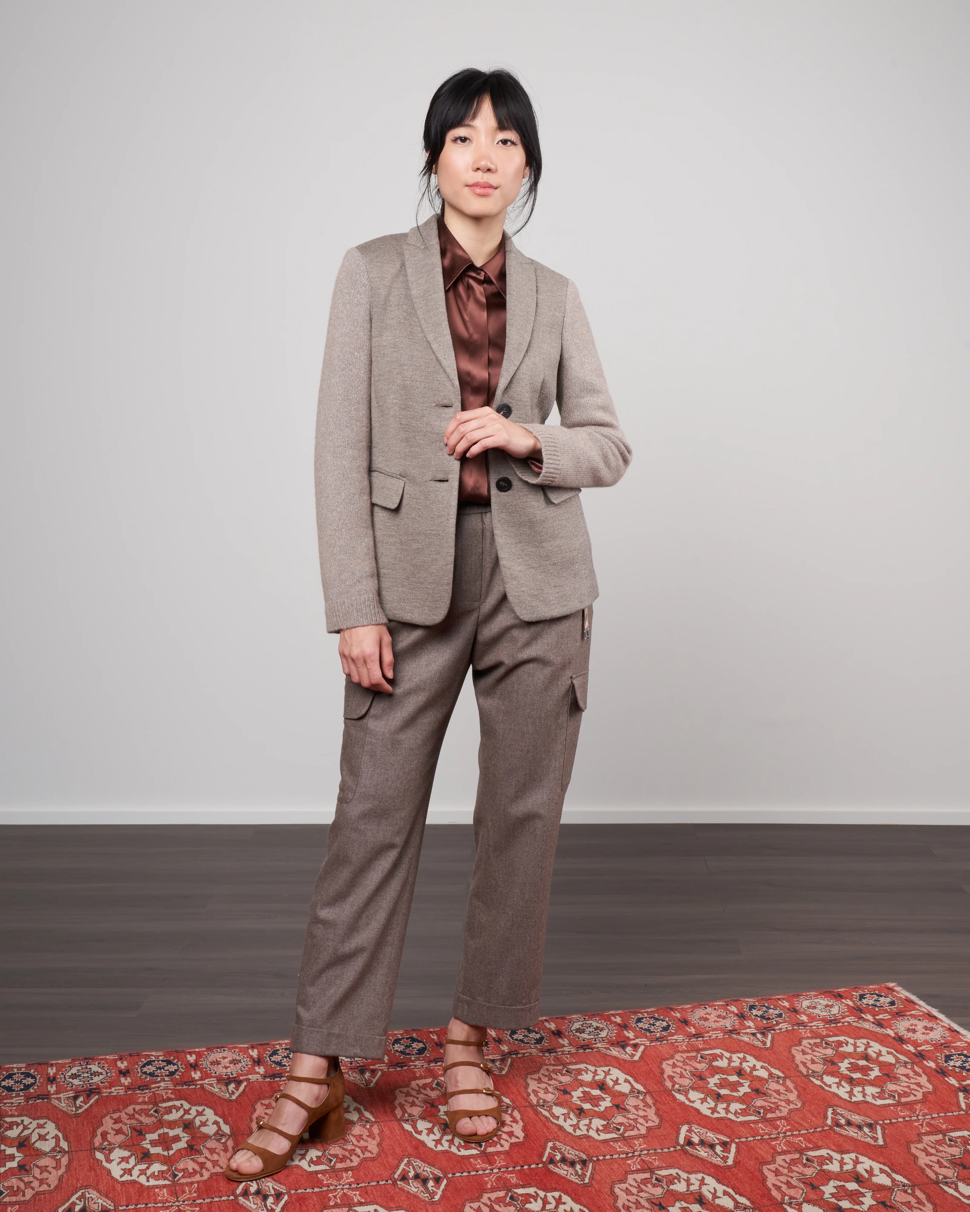 double wool blazer with knit sleeves - hazel grey melange - Image 2