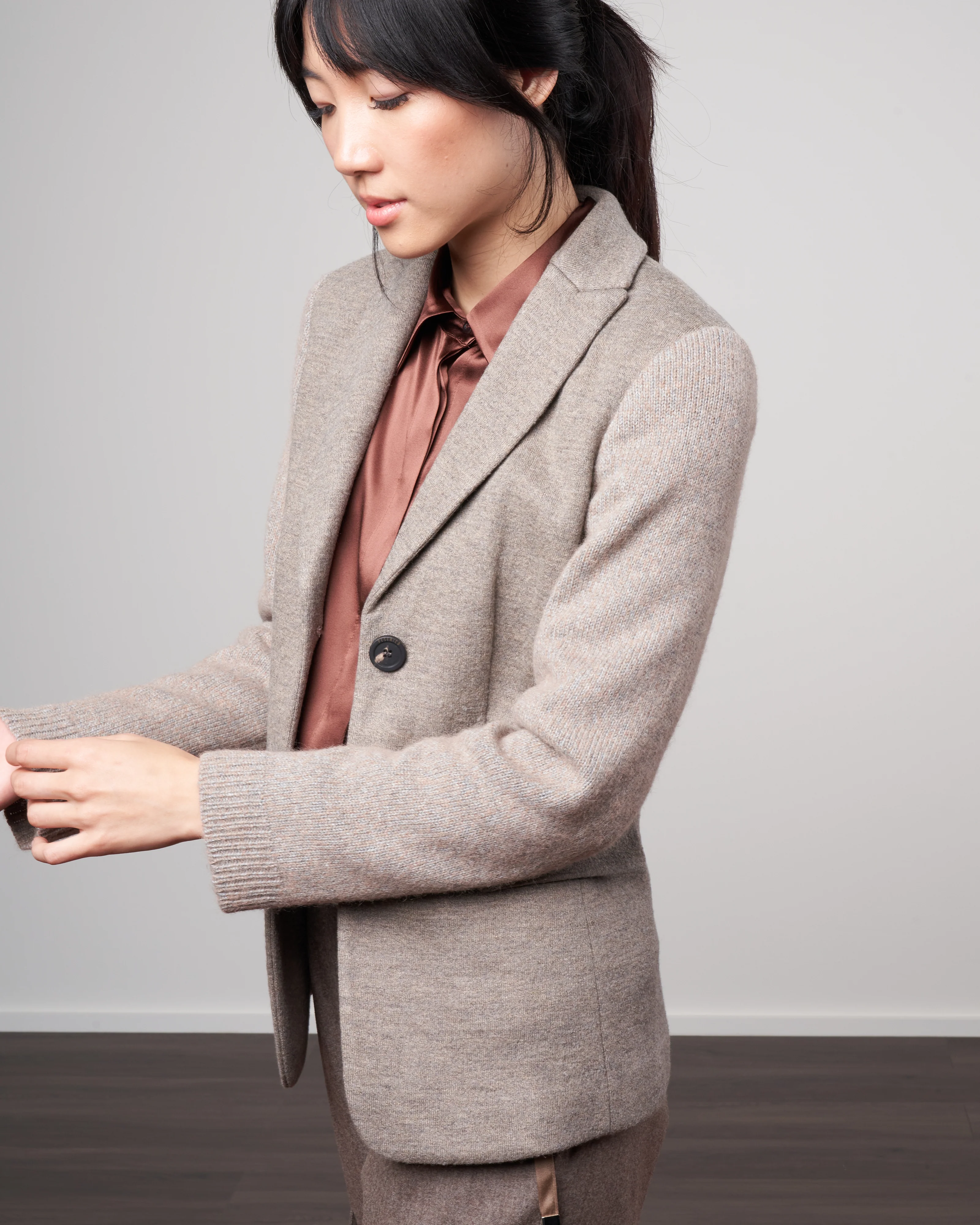 double wool blazer with knit sleeves - hazel grey melange - Image 3