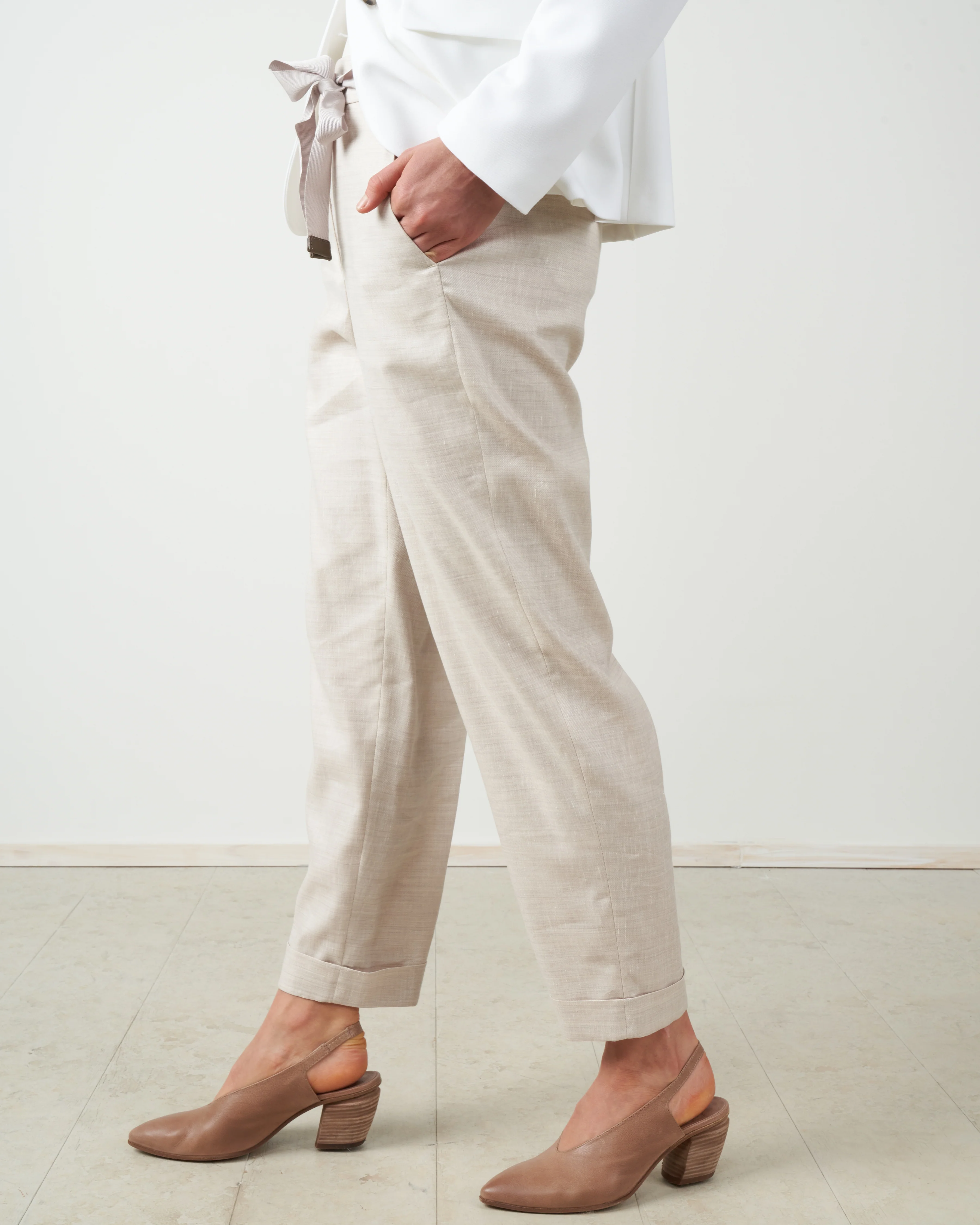linen gab easy pant with tie - stone - Image 2