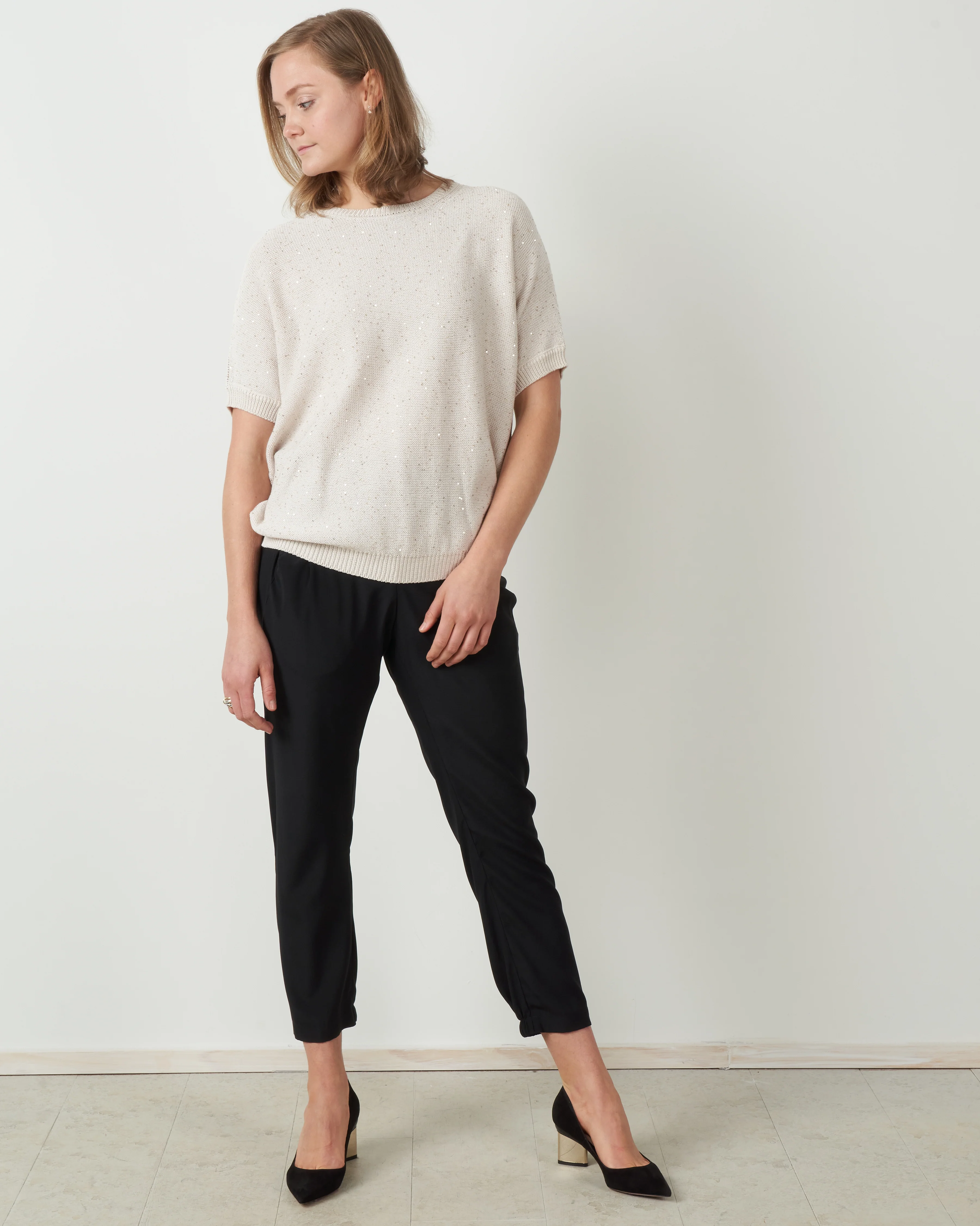short sleeve sweater with pailettes - stone - Image 3