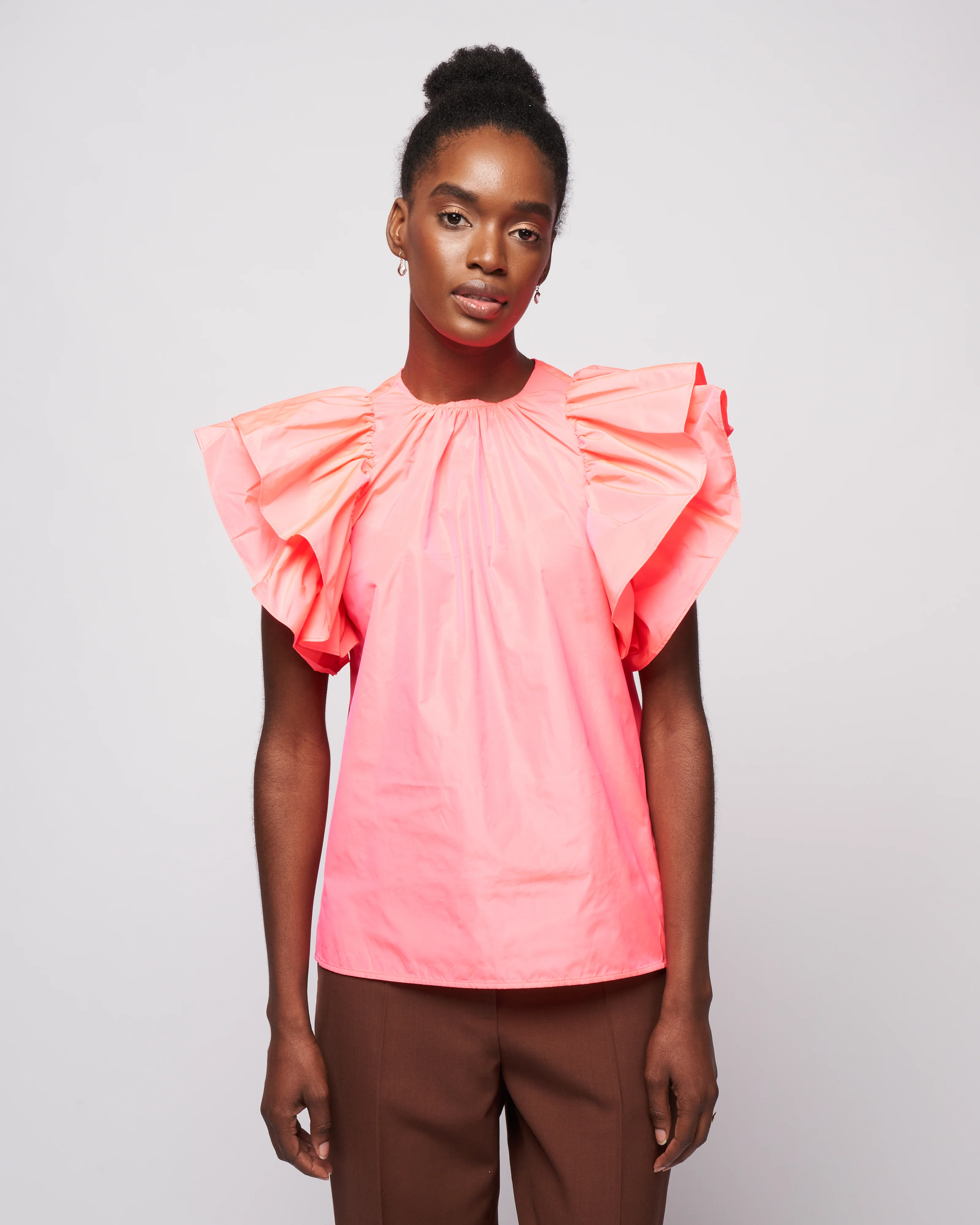 taffeta top flutter sleeve - pink fluor