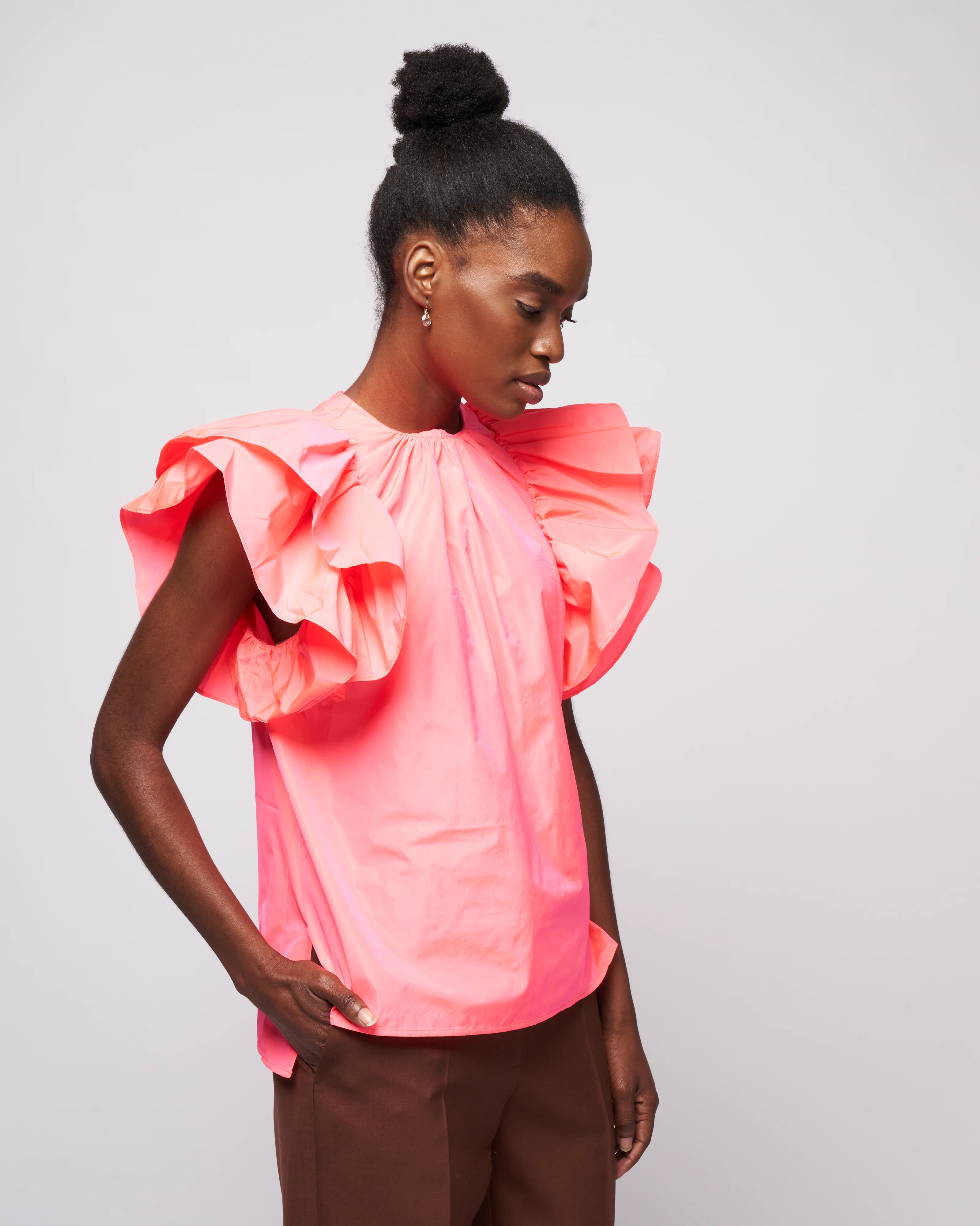taffeta top flutter sleeve - pink fluor - Image 3