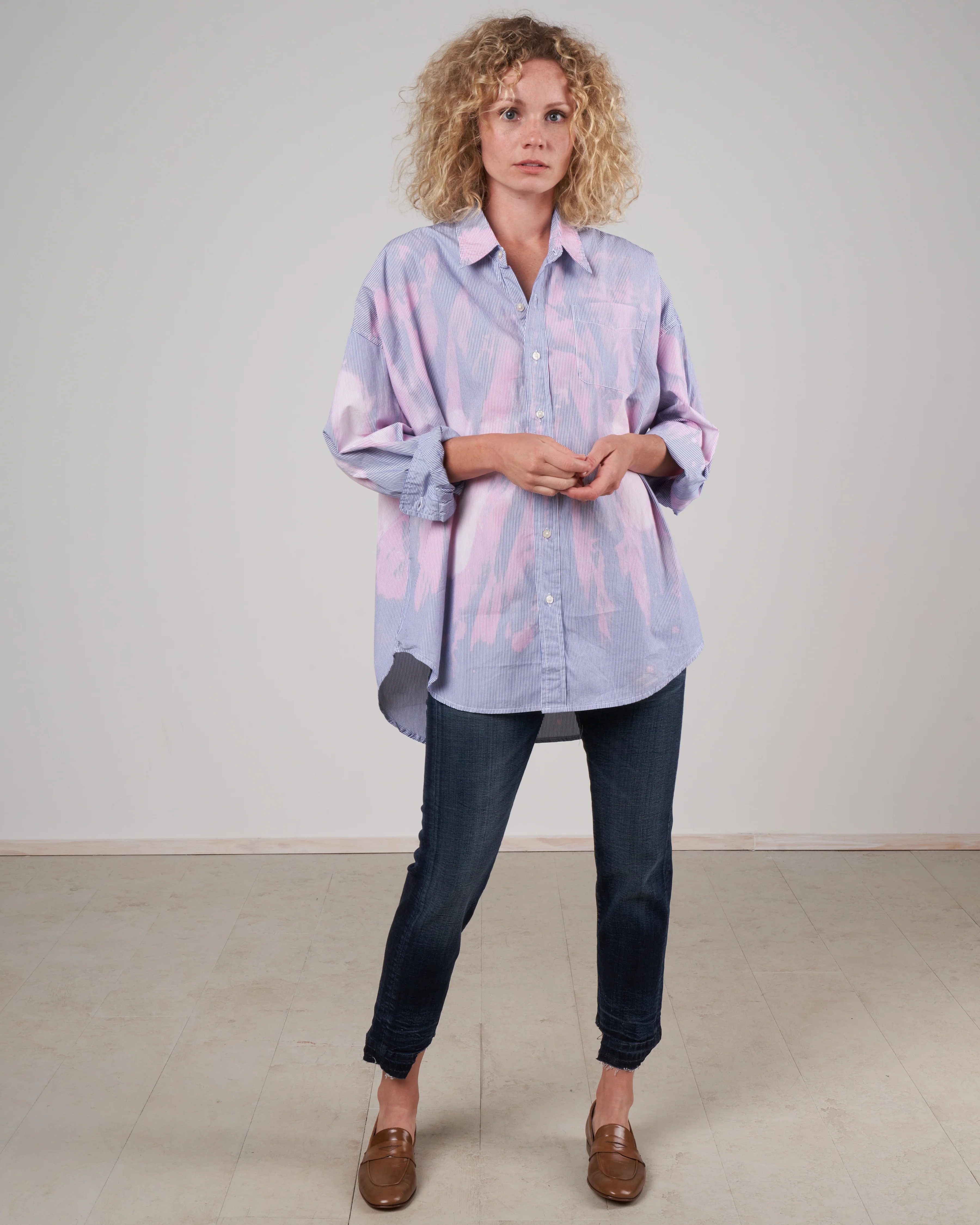 bleached drop neck shirt - bleach blue stripe