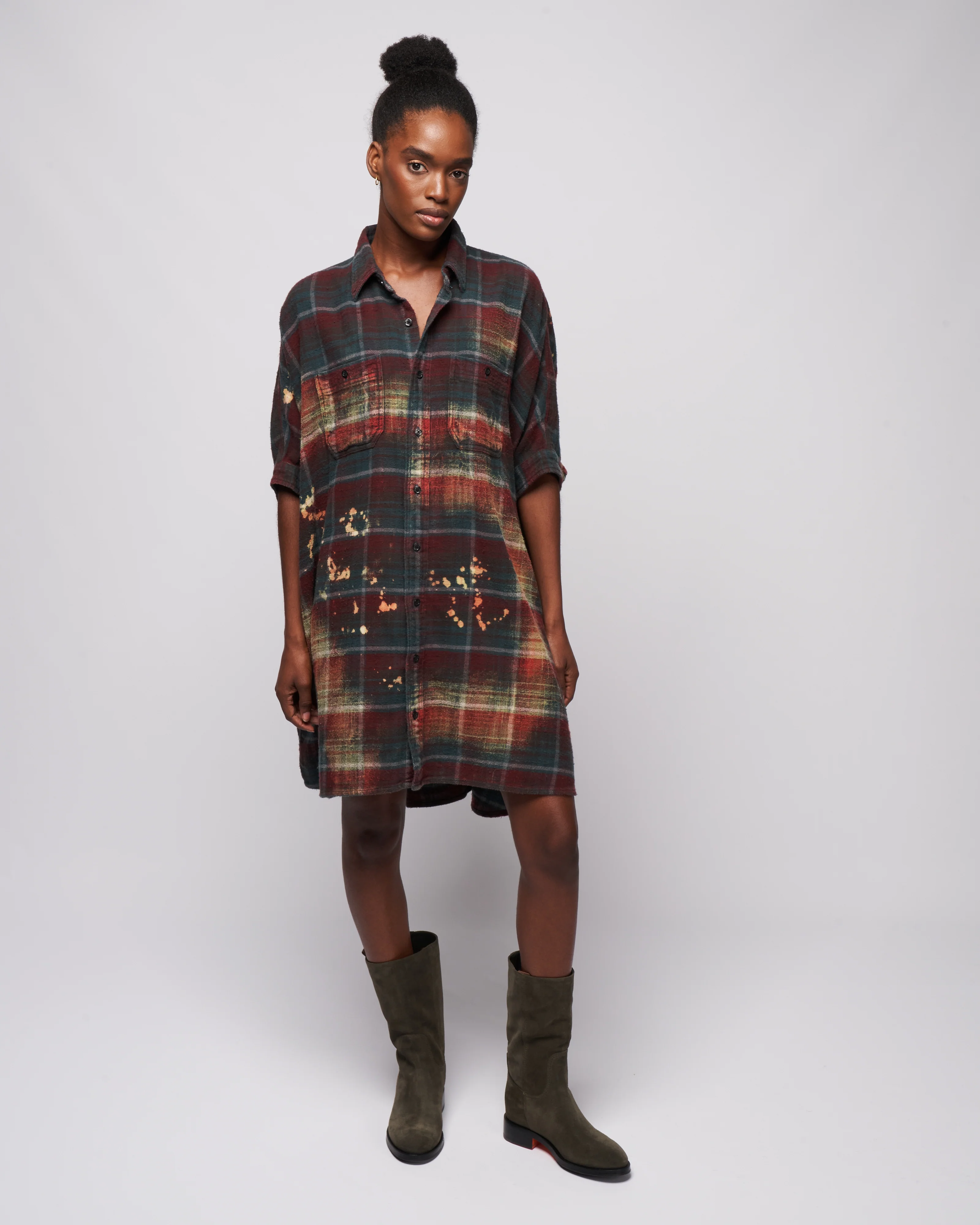 bleached plaid oversized boxy shirtdress - blue plaid with bleach - Image 2