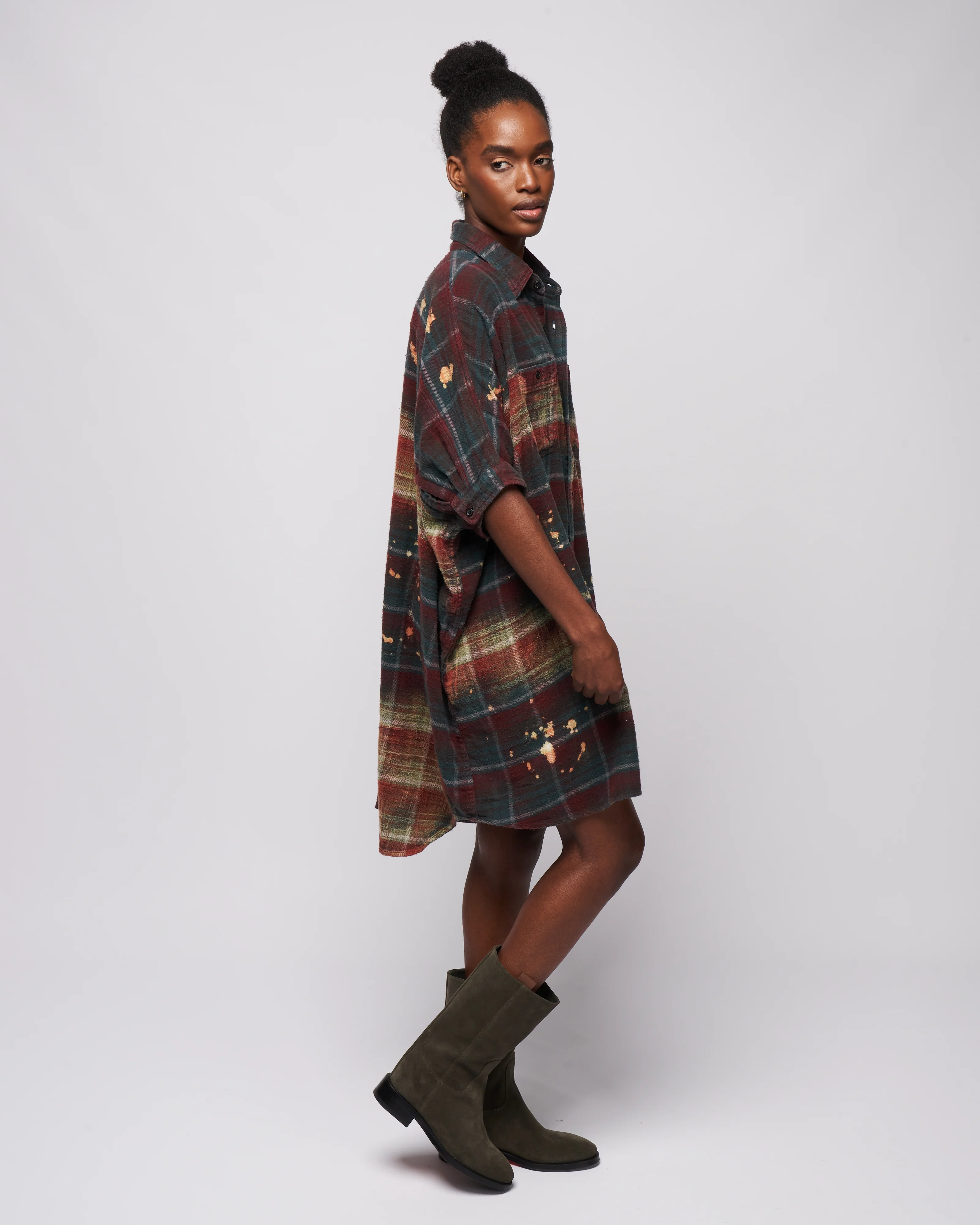 bleached plaid oversized boxy shirtdress - blue plaid with bleach - Image 3