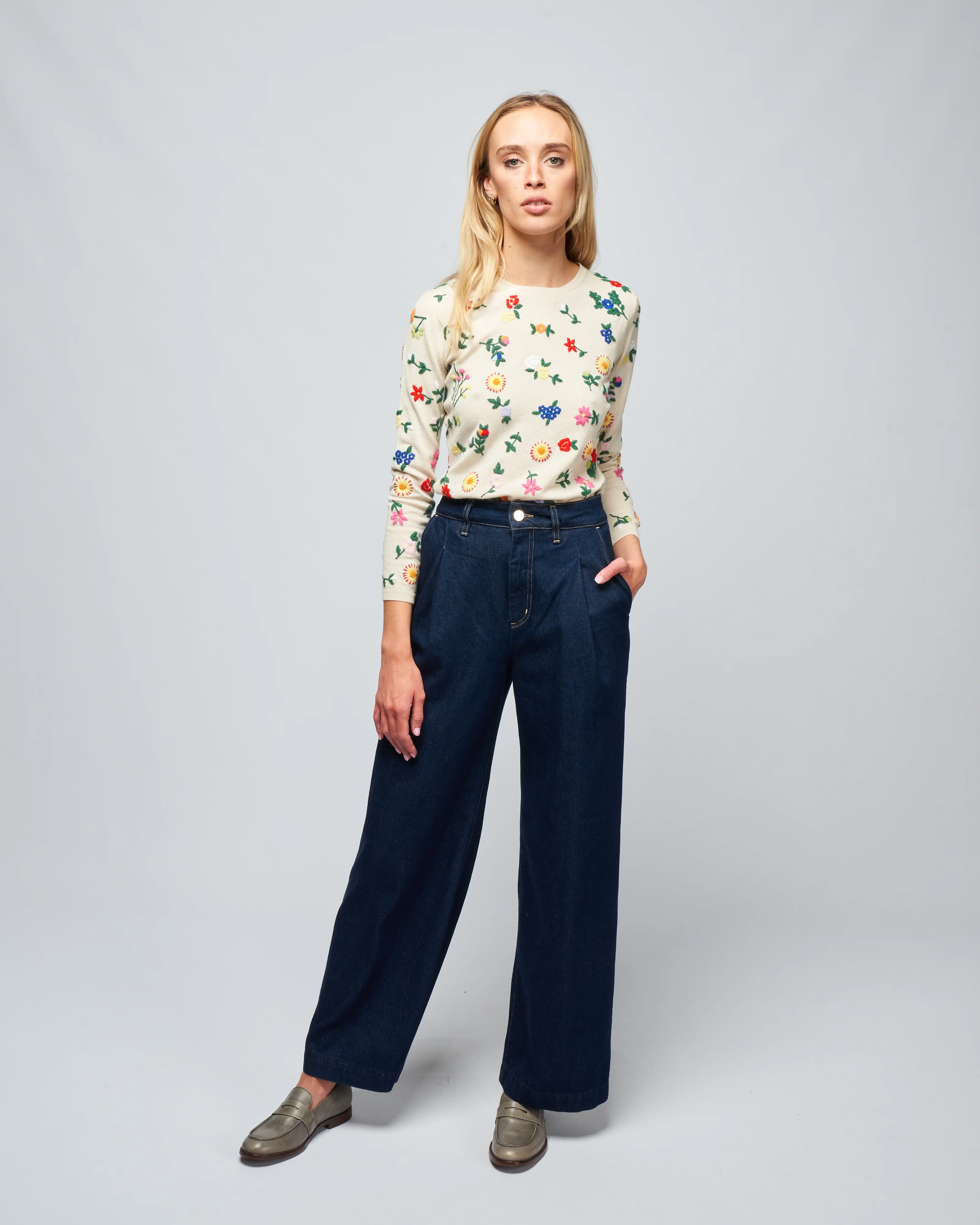 embroidered cashmere crew neck- multi flowers - cream - Image 2