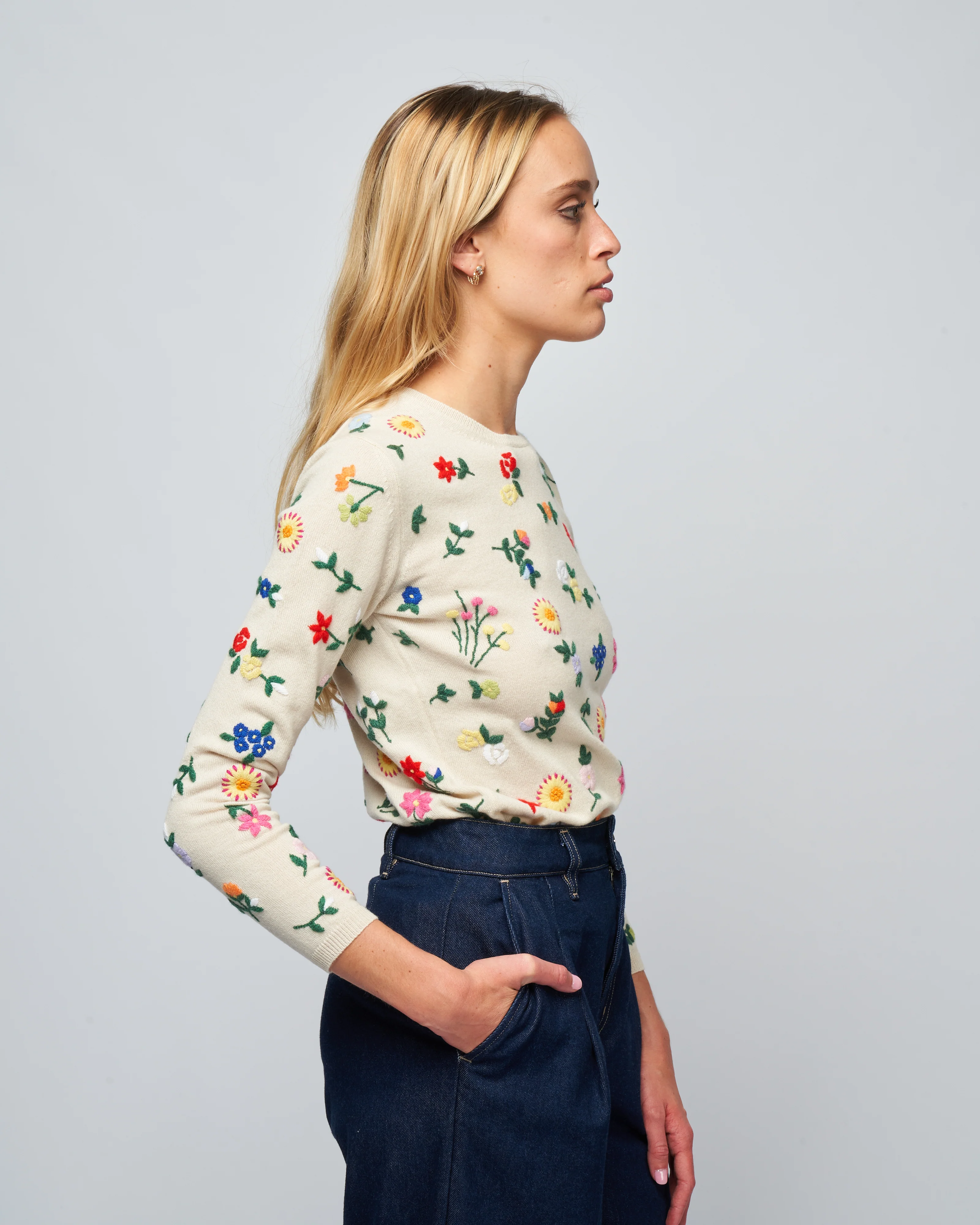 embroidered cashmere crew neck- multi flowers - cream - Image 3