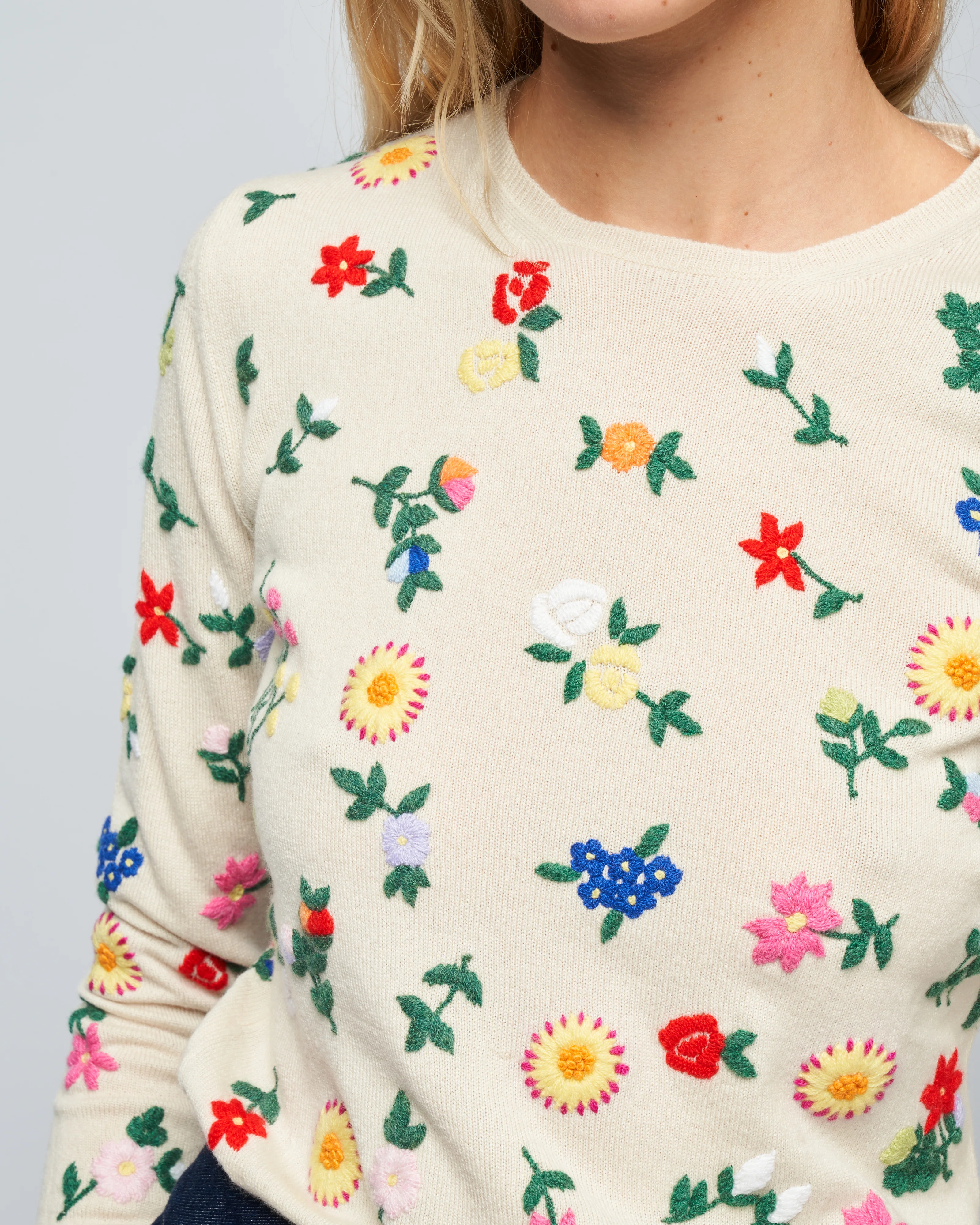 embroidered cashmere crew neck- multi flowers - cream - Image 5