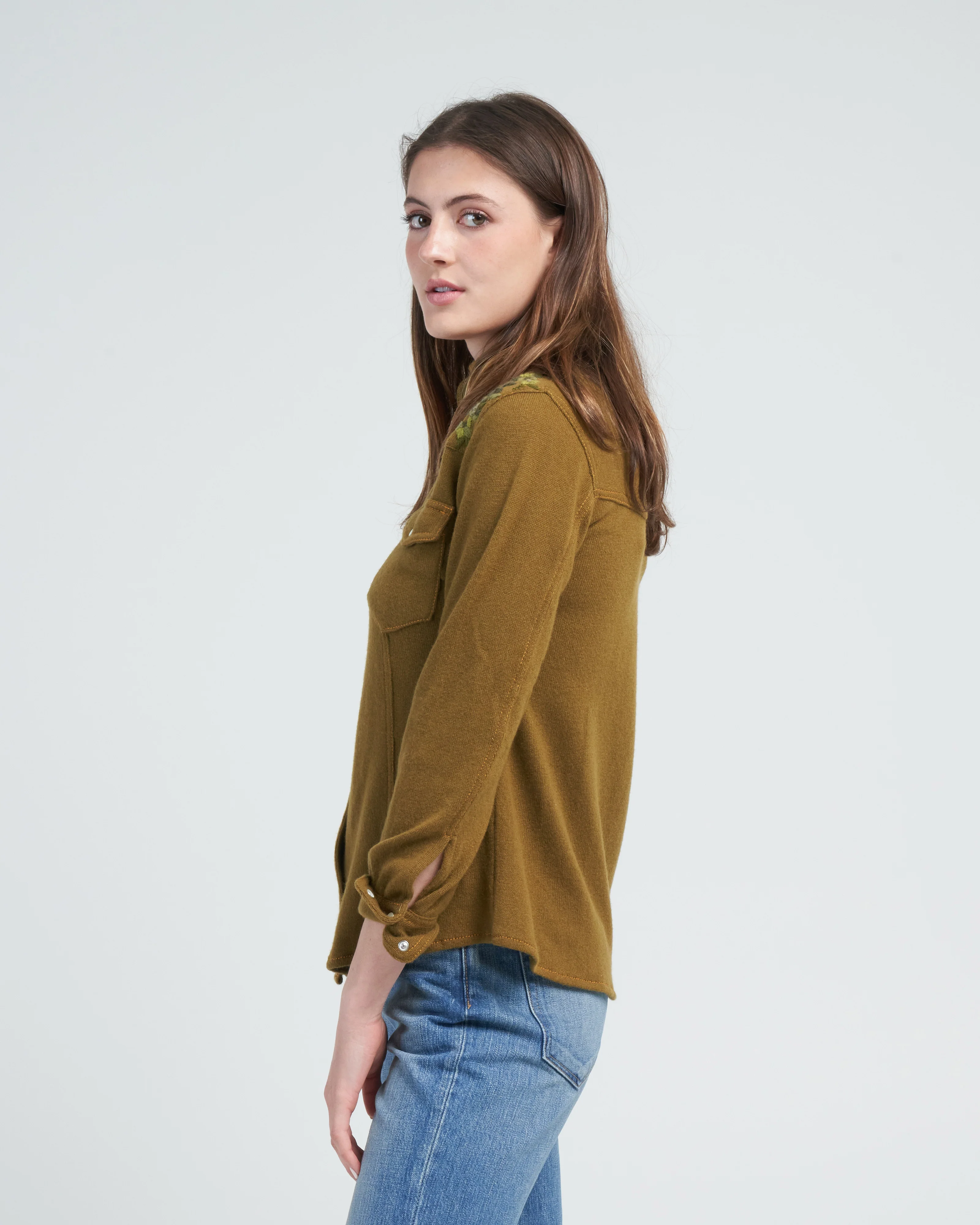 shoulder embroidered snap shirt - olive - Image 3