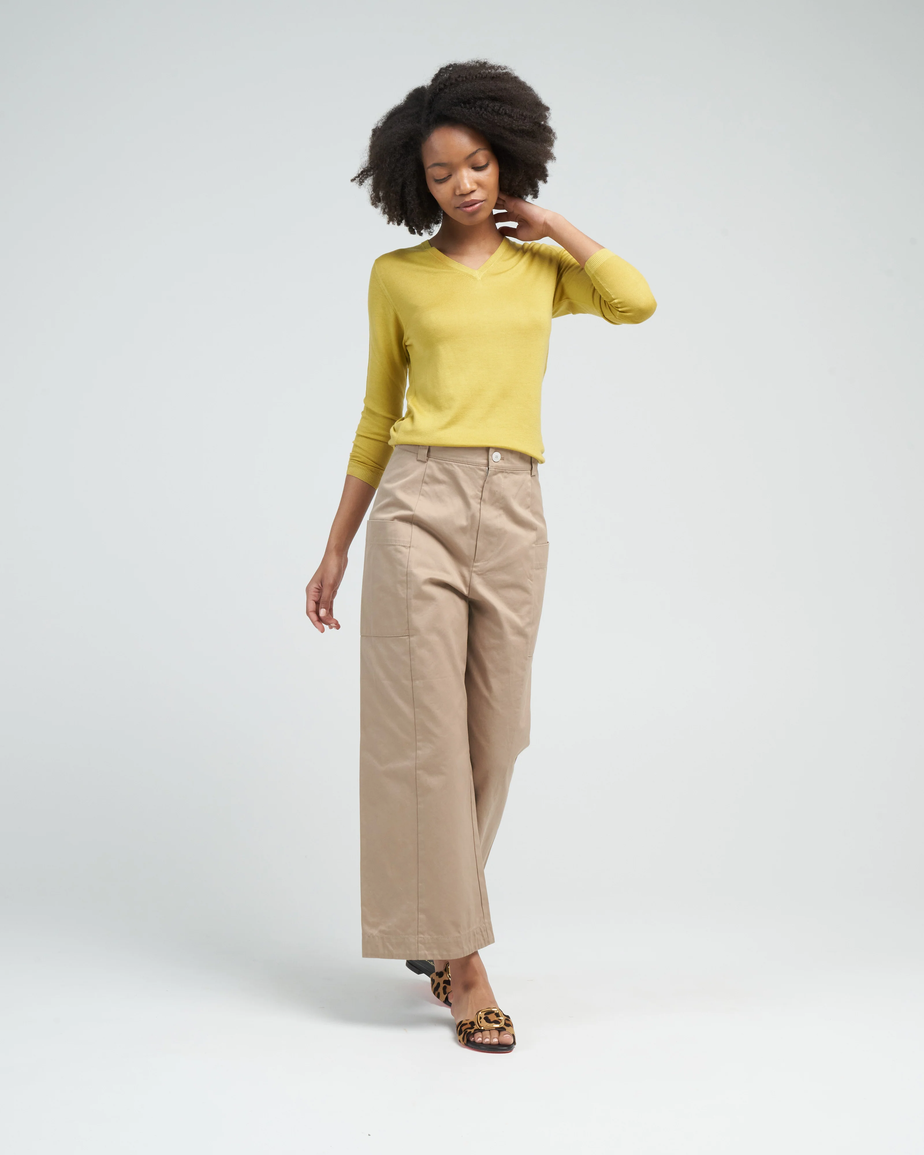 v neck plain cashmere silk - ochre - Image 2