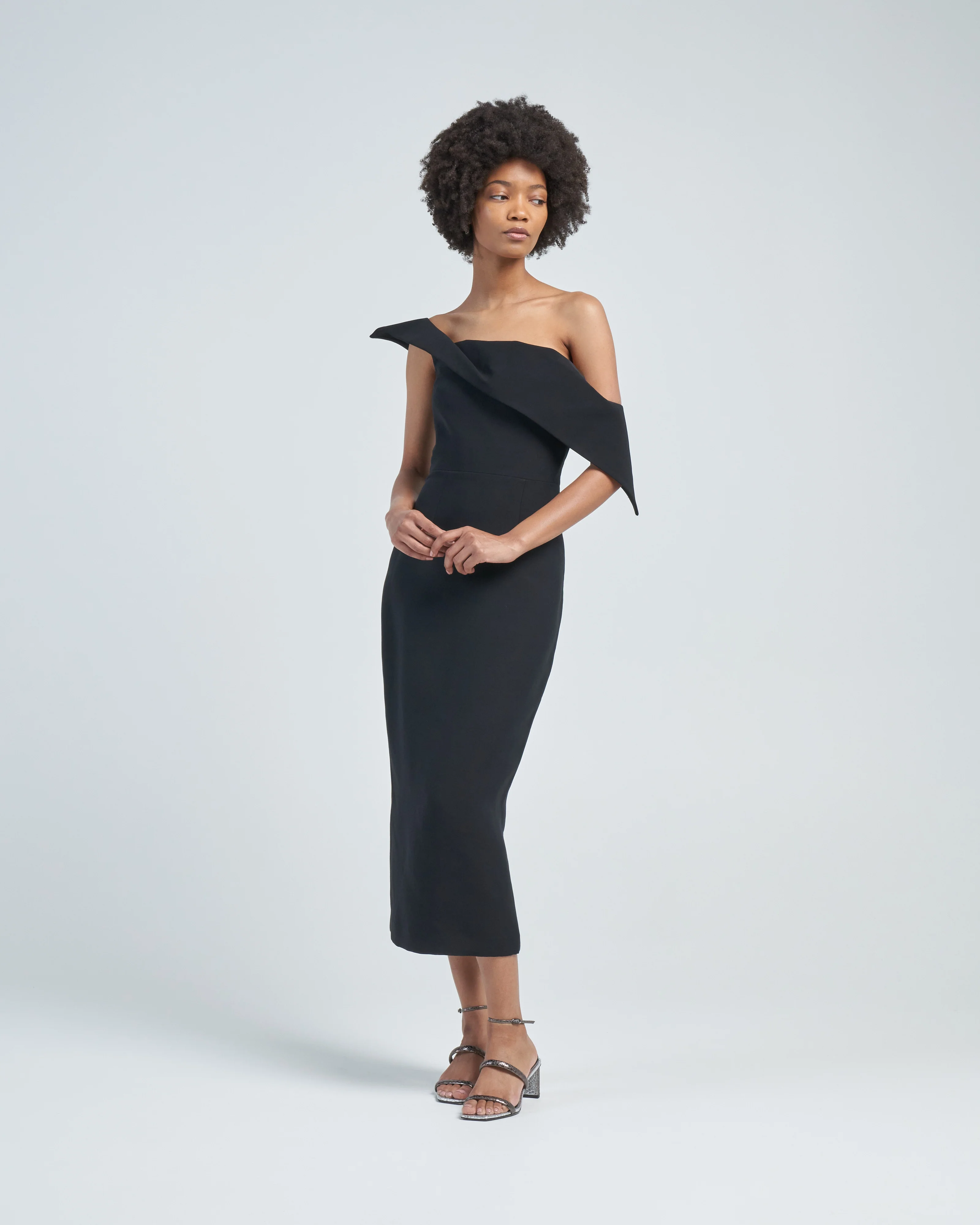 asymmetric wool silk midi dress black