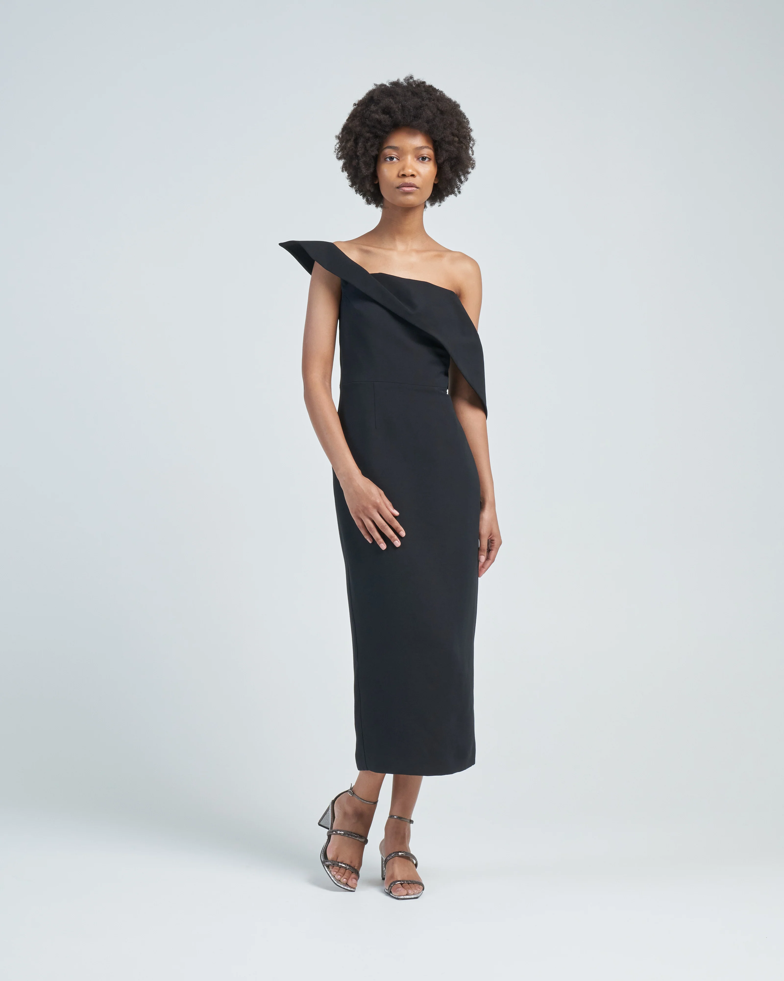 asymmetric wool silk midi dress black - Image 3
