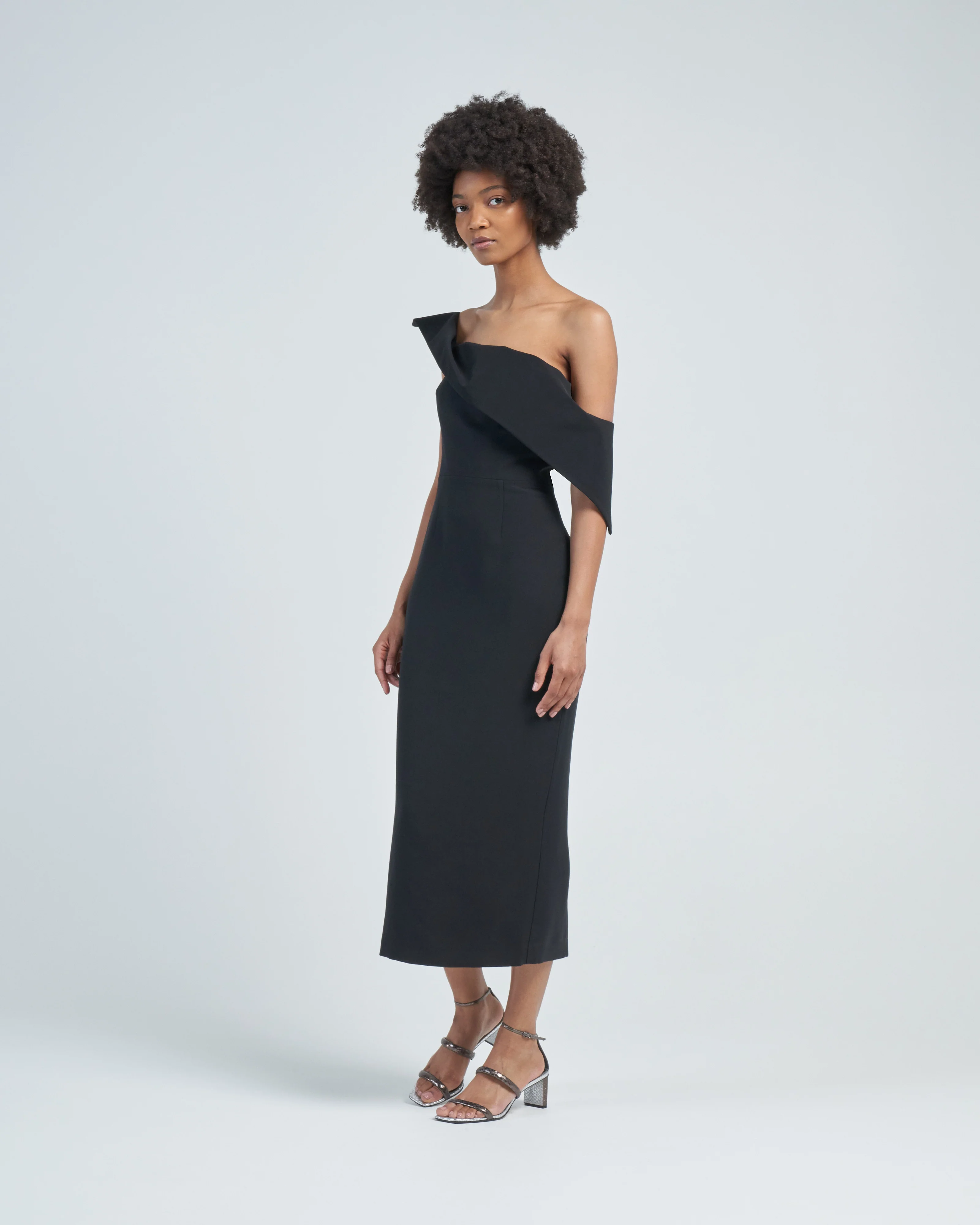 asymmetric wool silk midi dress black - Image 4