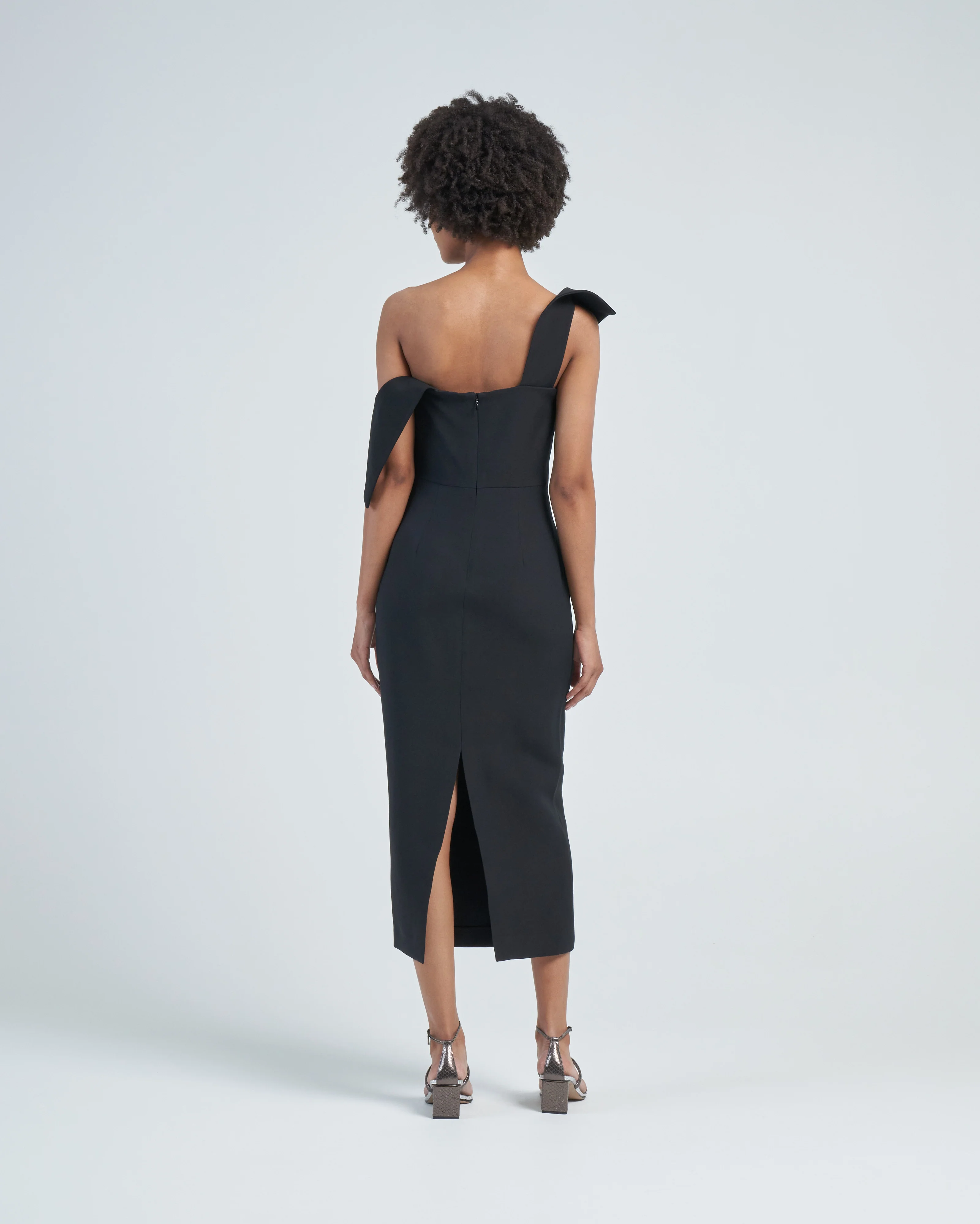 asymmetric wool silk midi dress black - Image 5