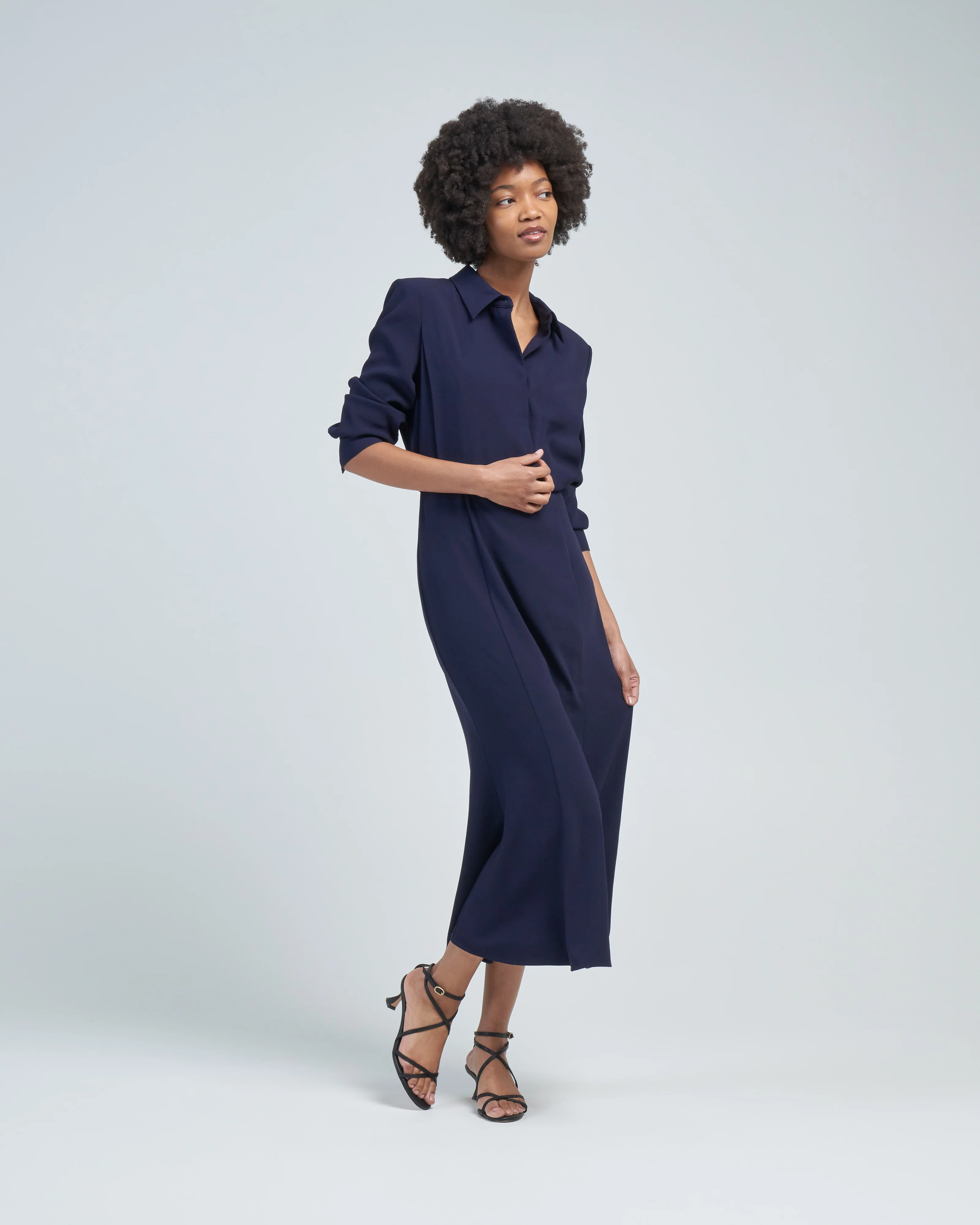 long sleeve collar satin crepe midi dress navy - Image 2