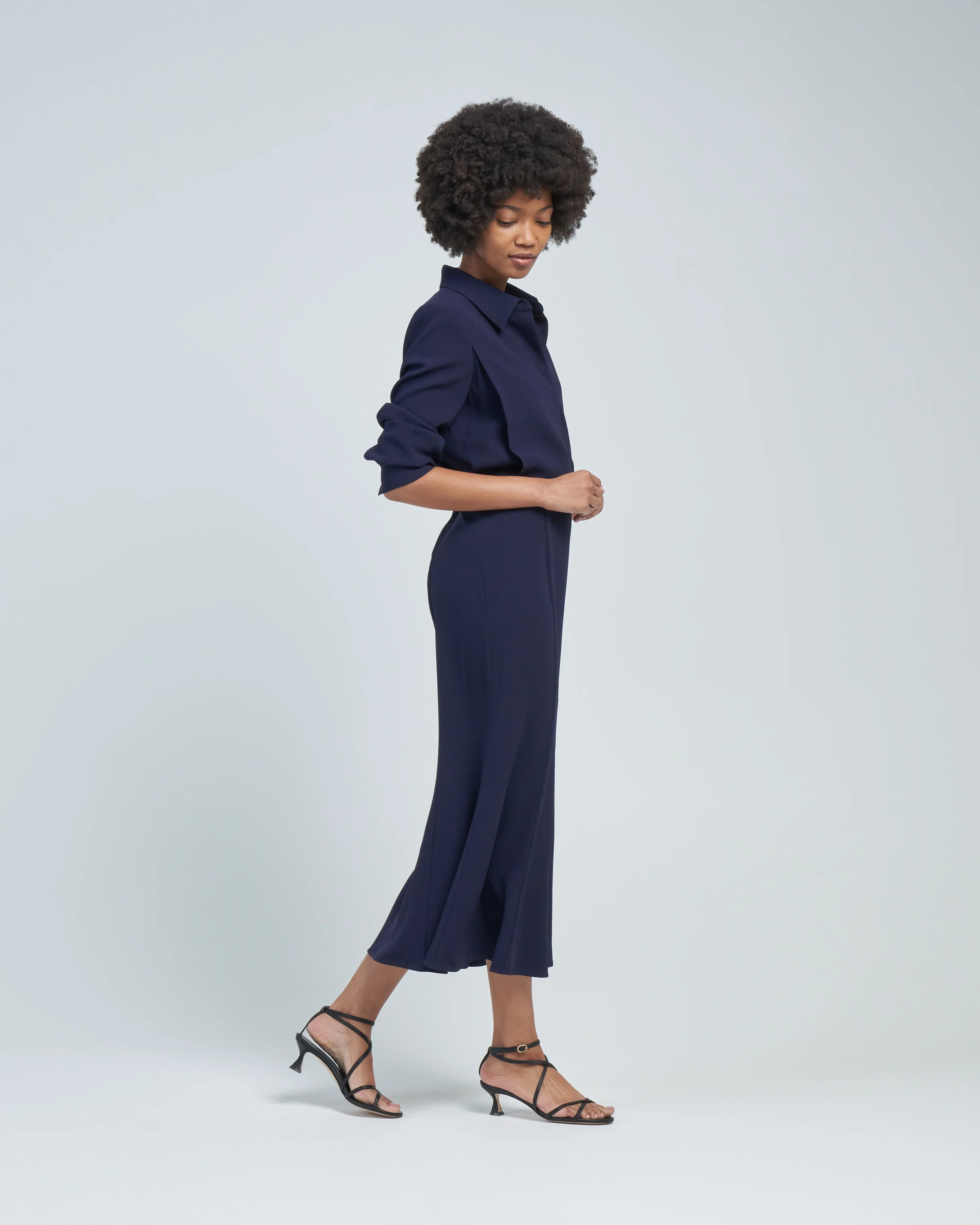 long sleeve collar satin crepe midi dress navy - Image 3