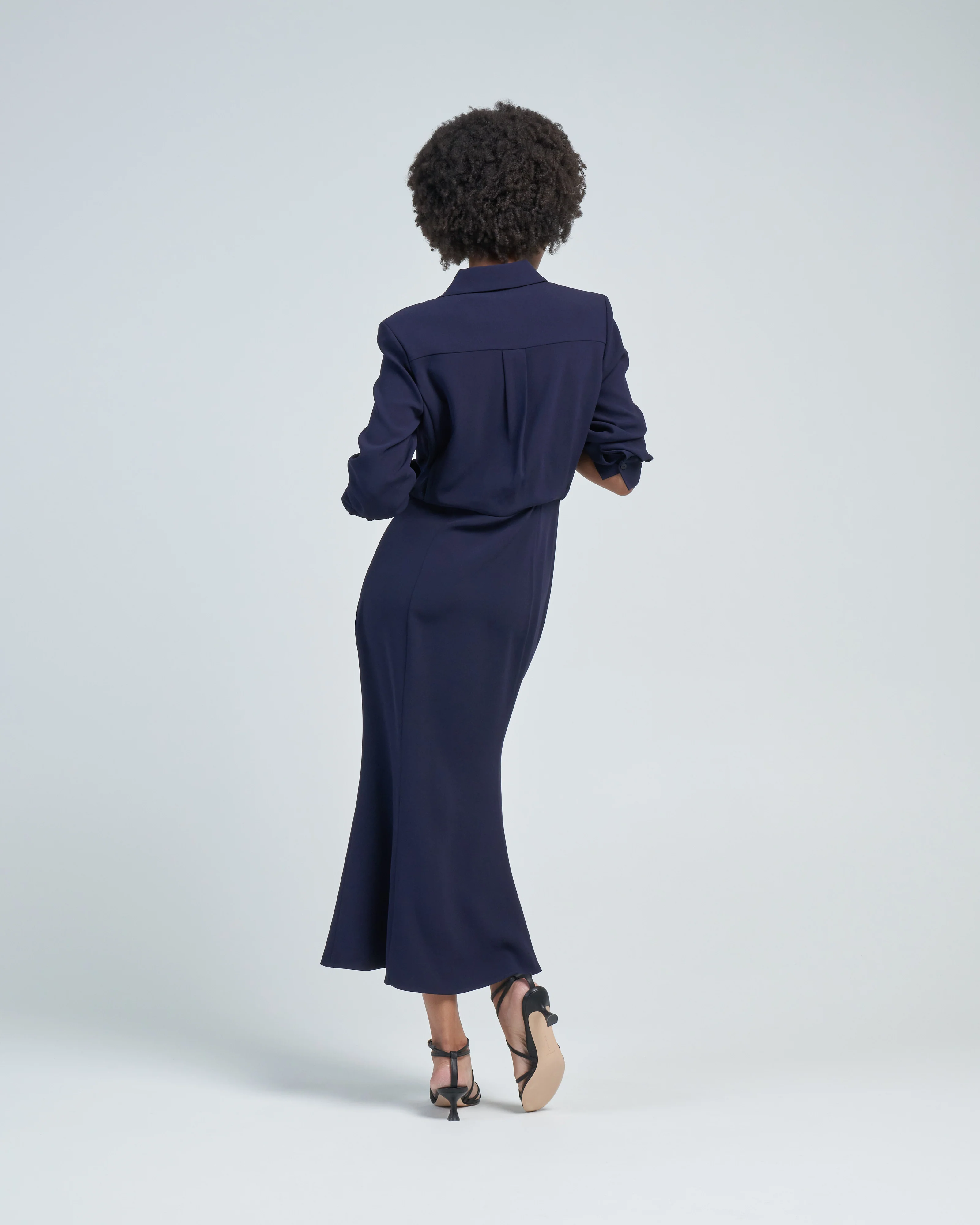 long sleeve collar satin crepe midi dress navy - Image 4
