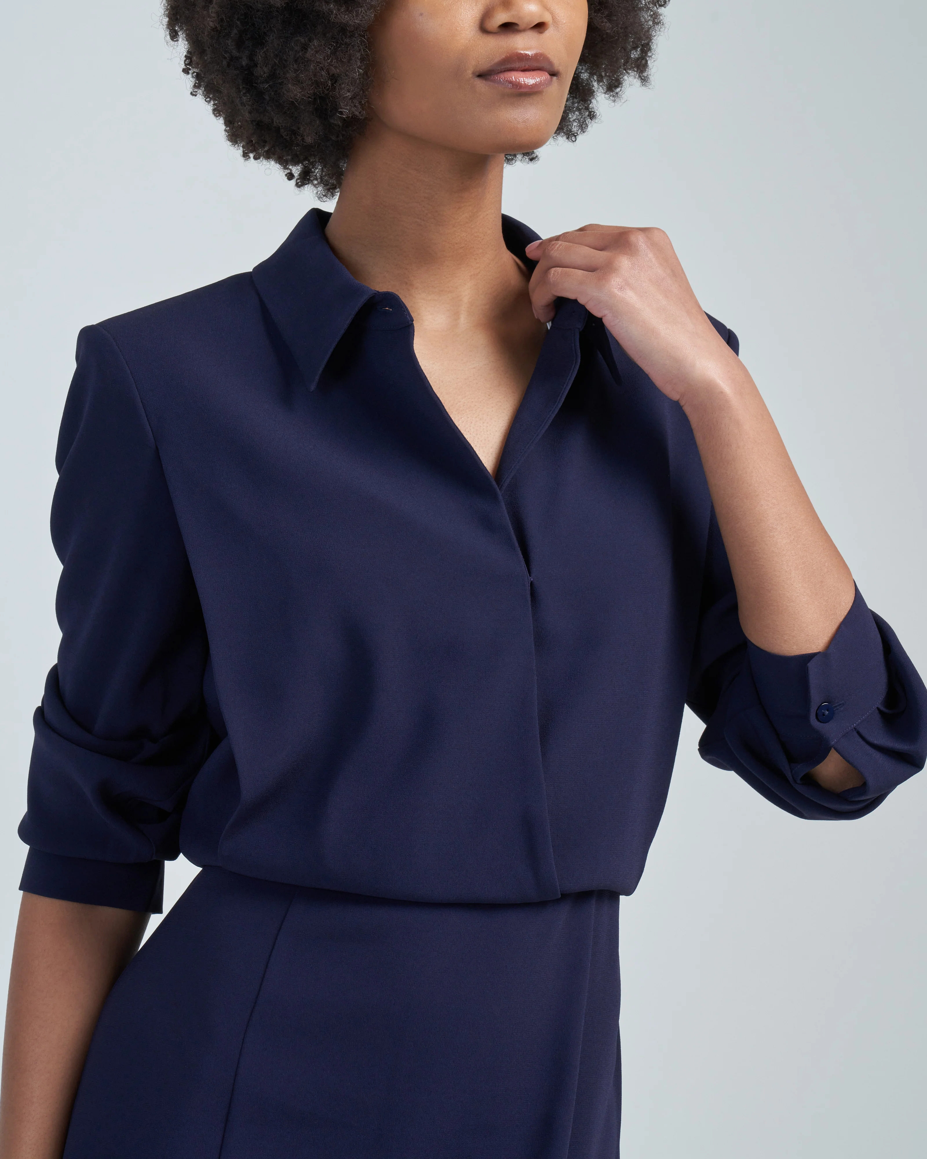 long sleeve collar satin crepe midi dress navy - Image 5
