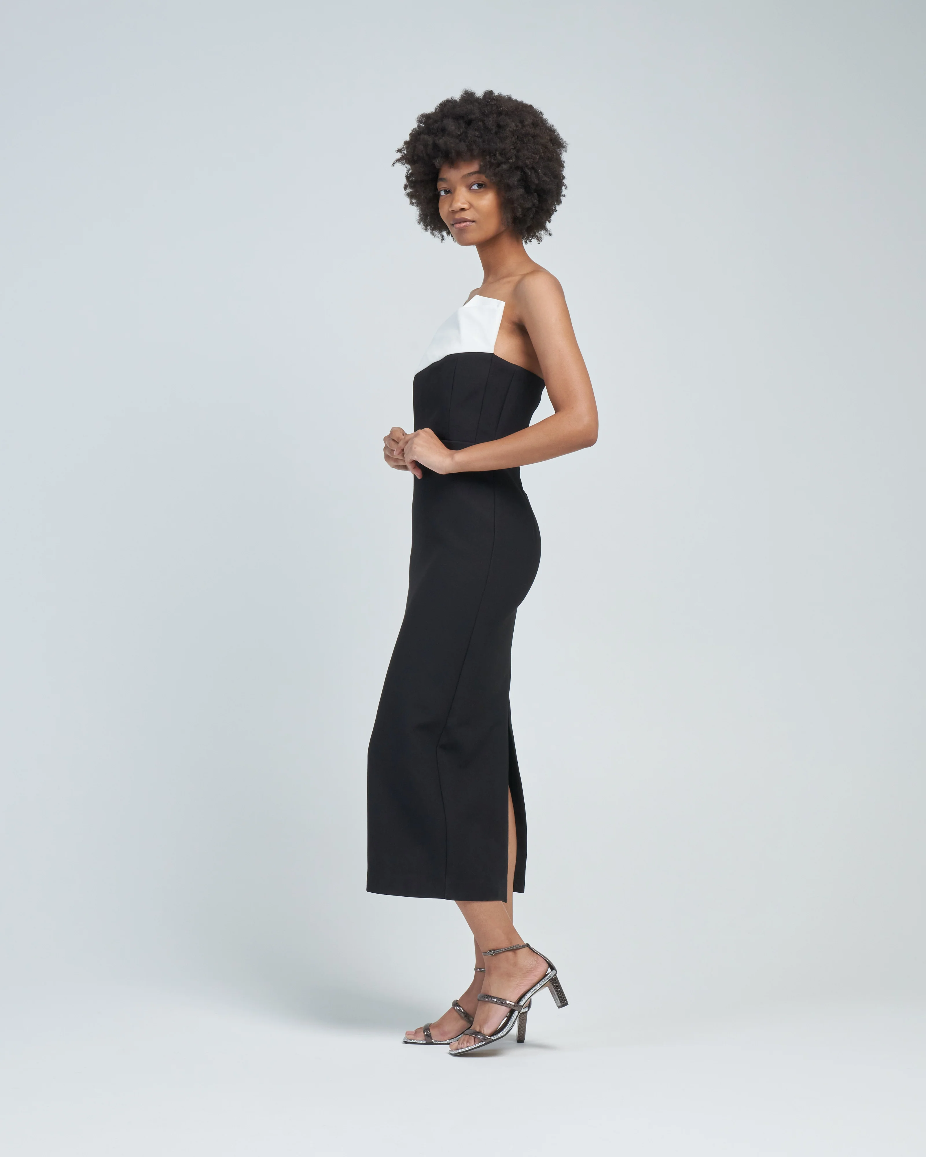 strapless crepe midi dress monochrome - Image 4