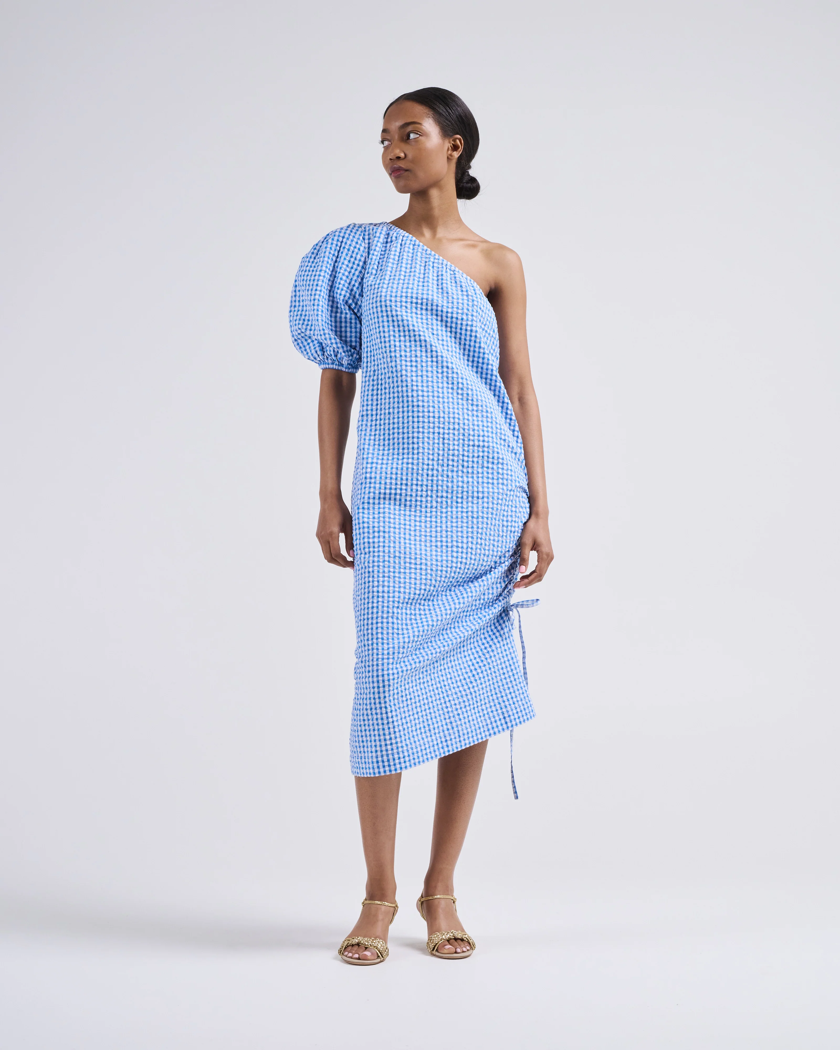 one shoulder puff sleeve dress