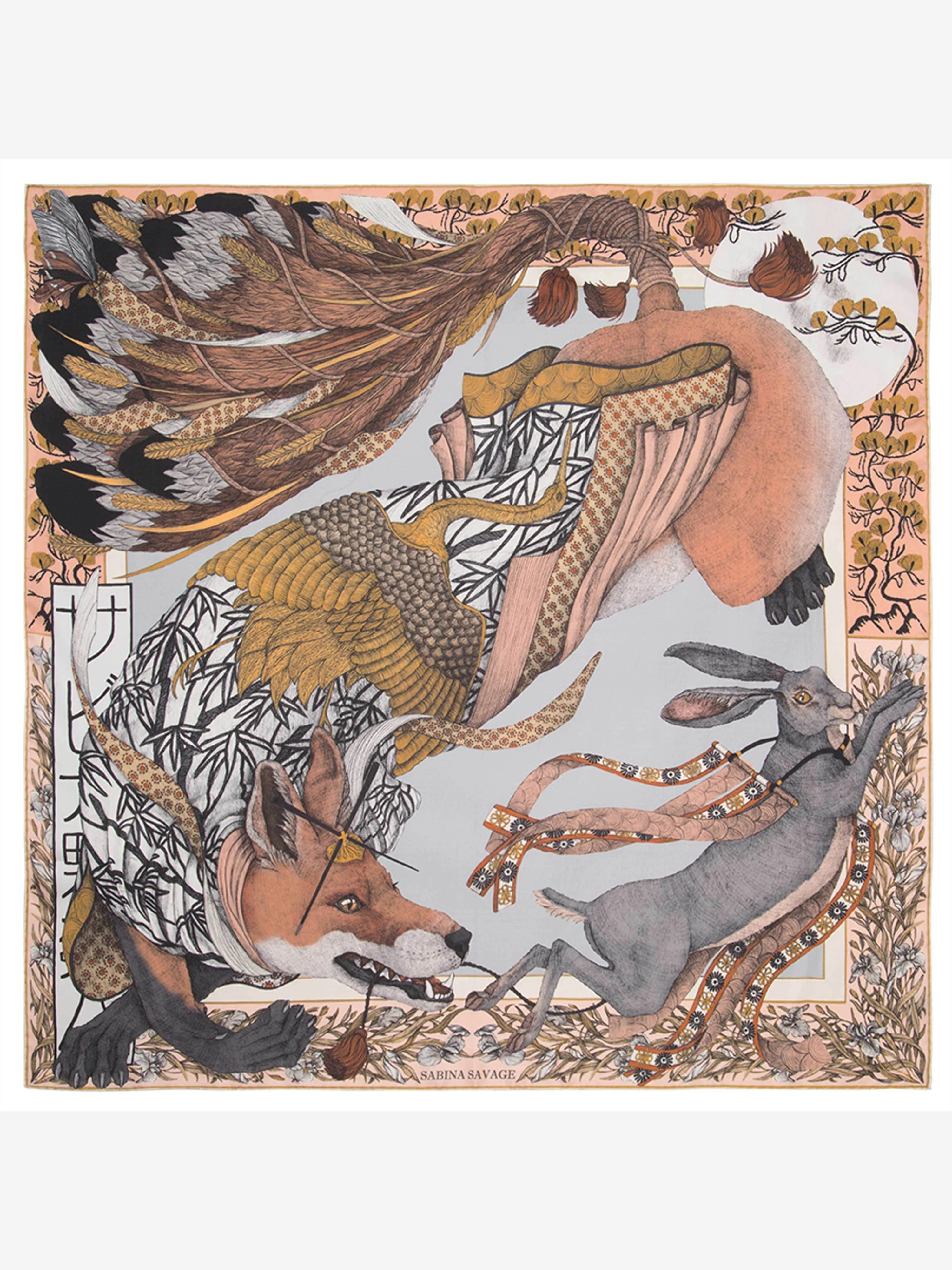 cunning kitsune 90cm silk twill scarf - silver/salmon - Image 2