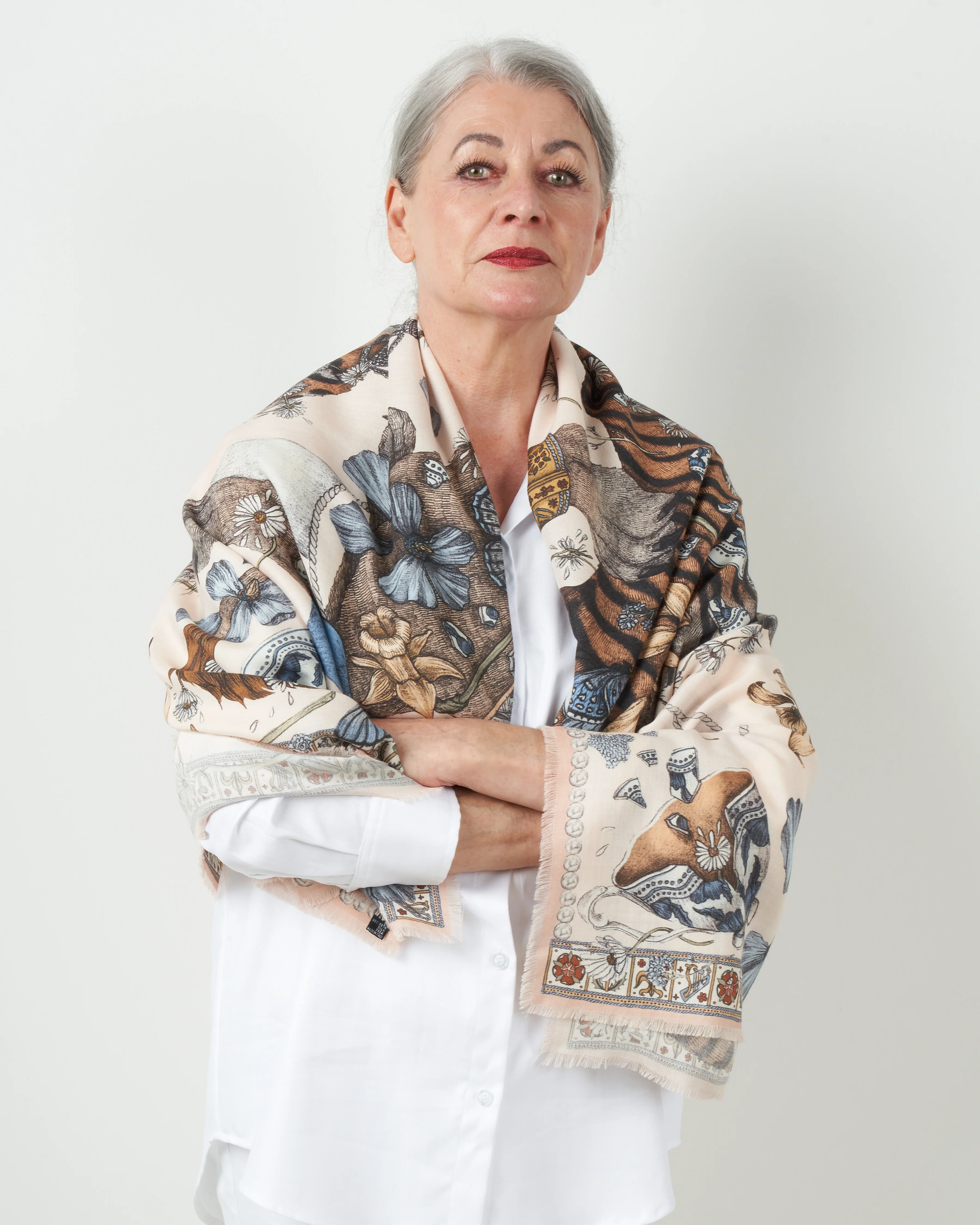lion and tiger wool silk scarf - peony - Image 2